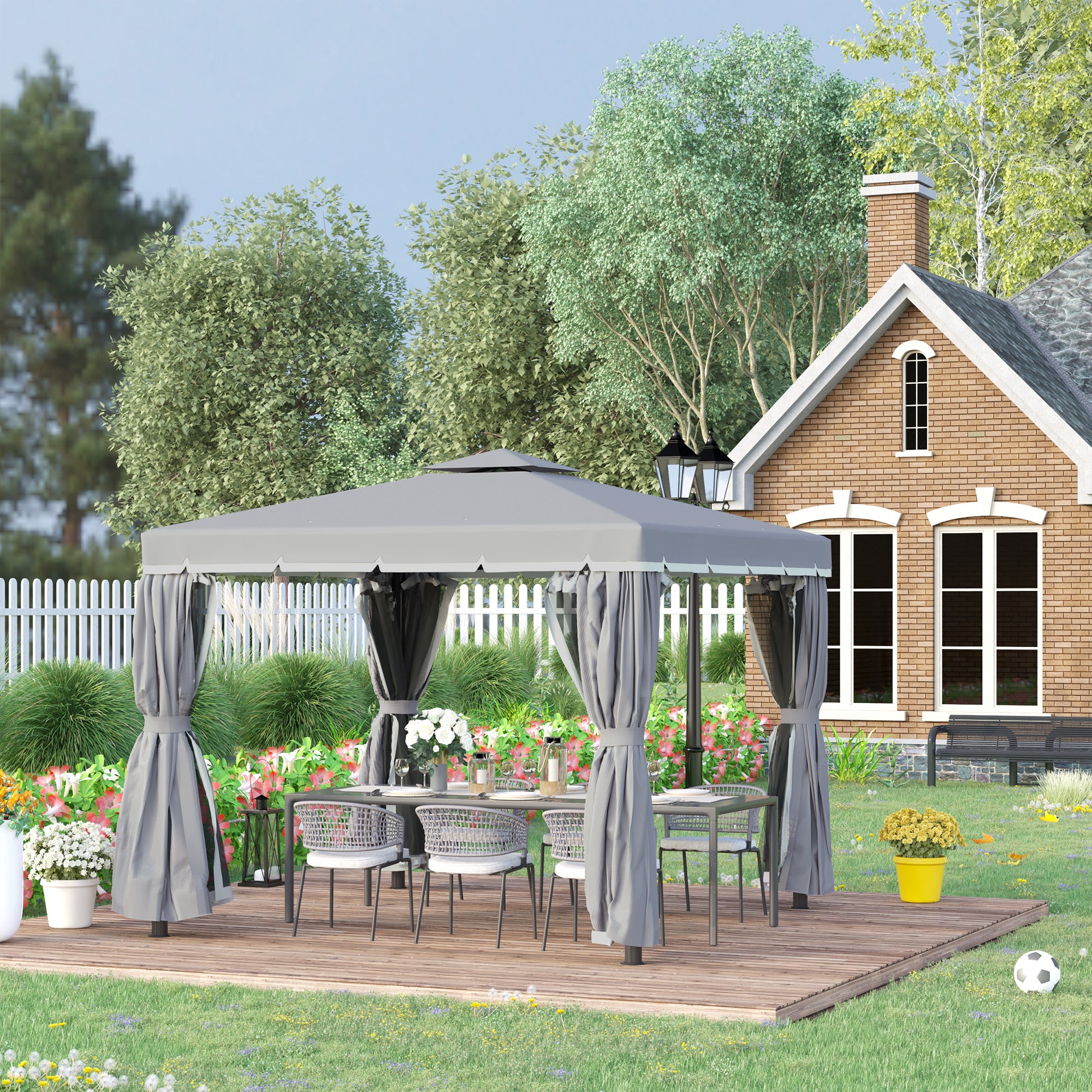 10' x 10' 2-Tier Outdoor Gazebo Canopy Tent with Zippered Mesh Sidewalls, Aluminum Frame for Patio, Backyard, Dark Grey Gazebos at Gallery Canada