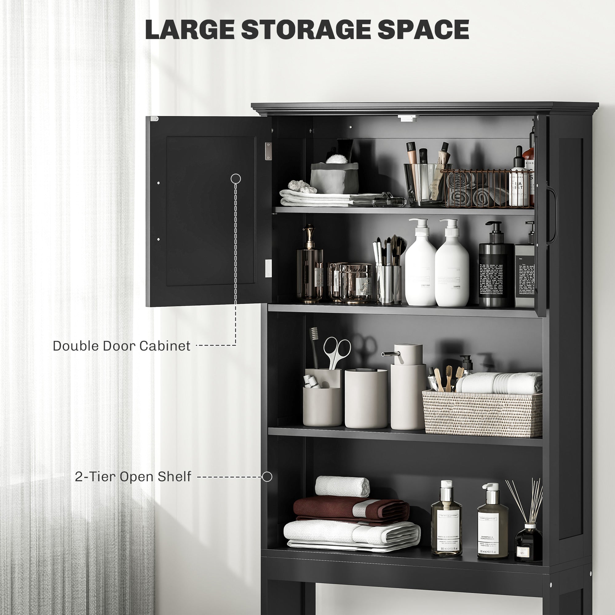 Modern Over The Toilet Storage, Bathroom Cabinets Over Toilet with Open Shelves and Double Door Cabinet, Black Bathroom Cabinets   at Gallery Canada