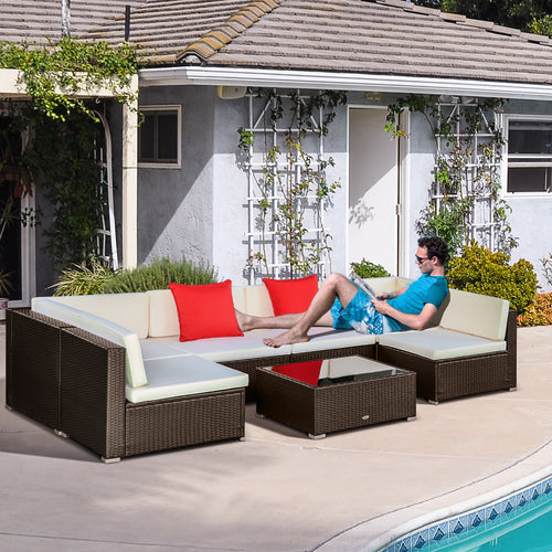 7 Pieces Patio Furniture Set, Rattan Outdoor Conversation Set, Garden Wicker Sofa Set, Ivory