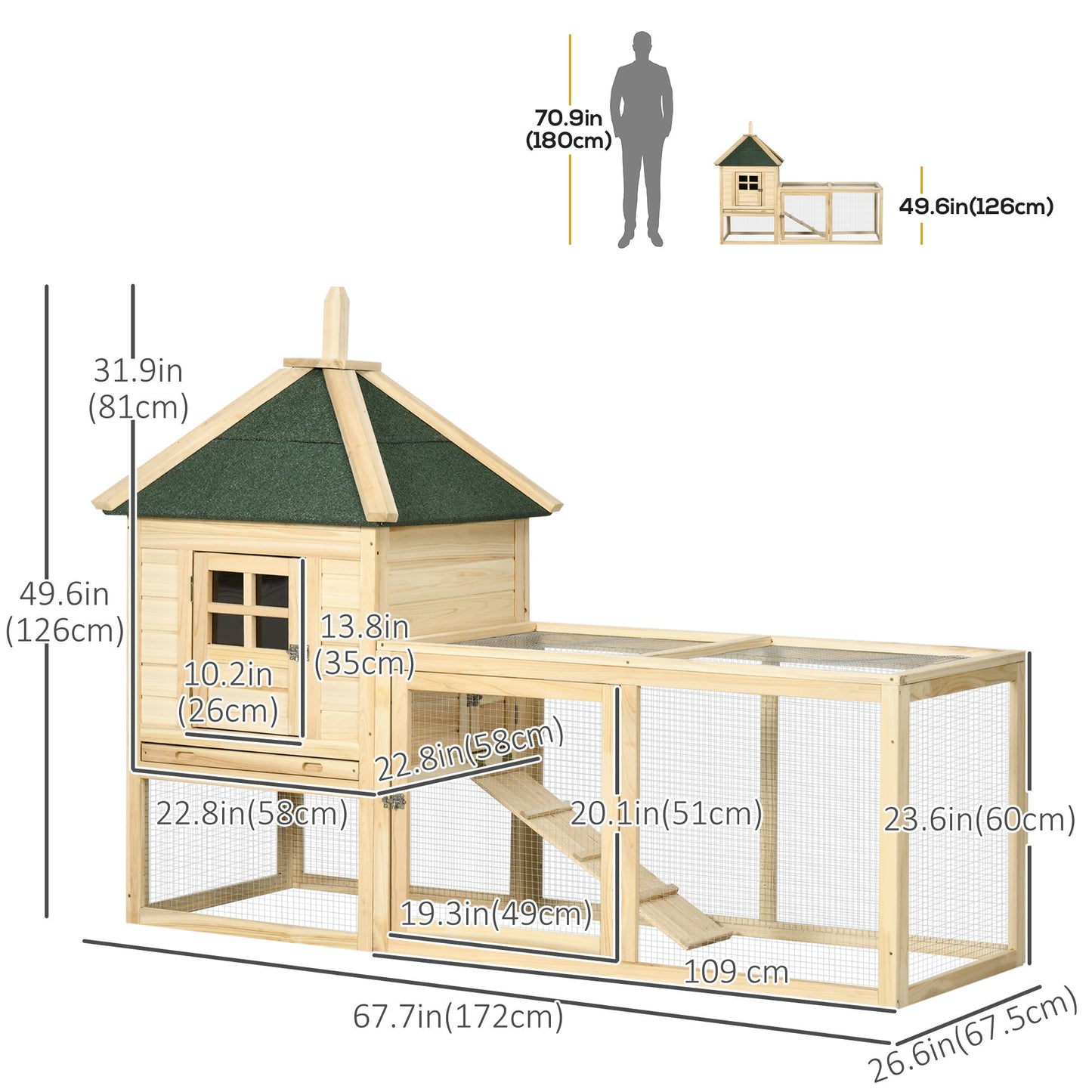 68" Wooden Rabbit Hutch, Pet Playpen with 3 Doors, Bunny House Enclosure with Slide-out Tray, Ramp, for Rabbits and Small Animals, Natural Rabbit Hutch   at Gallery Canada