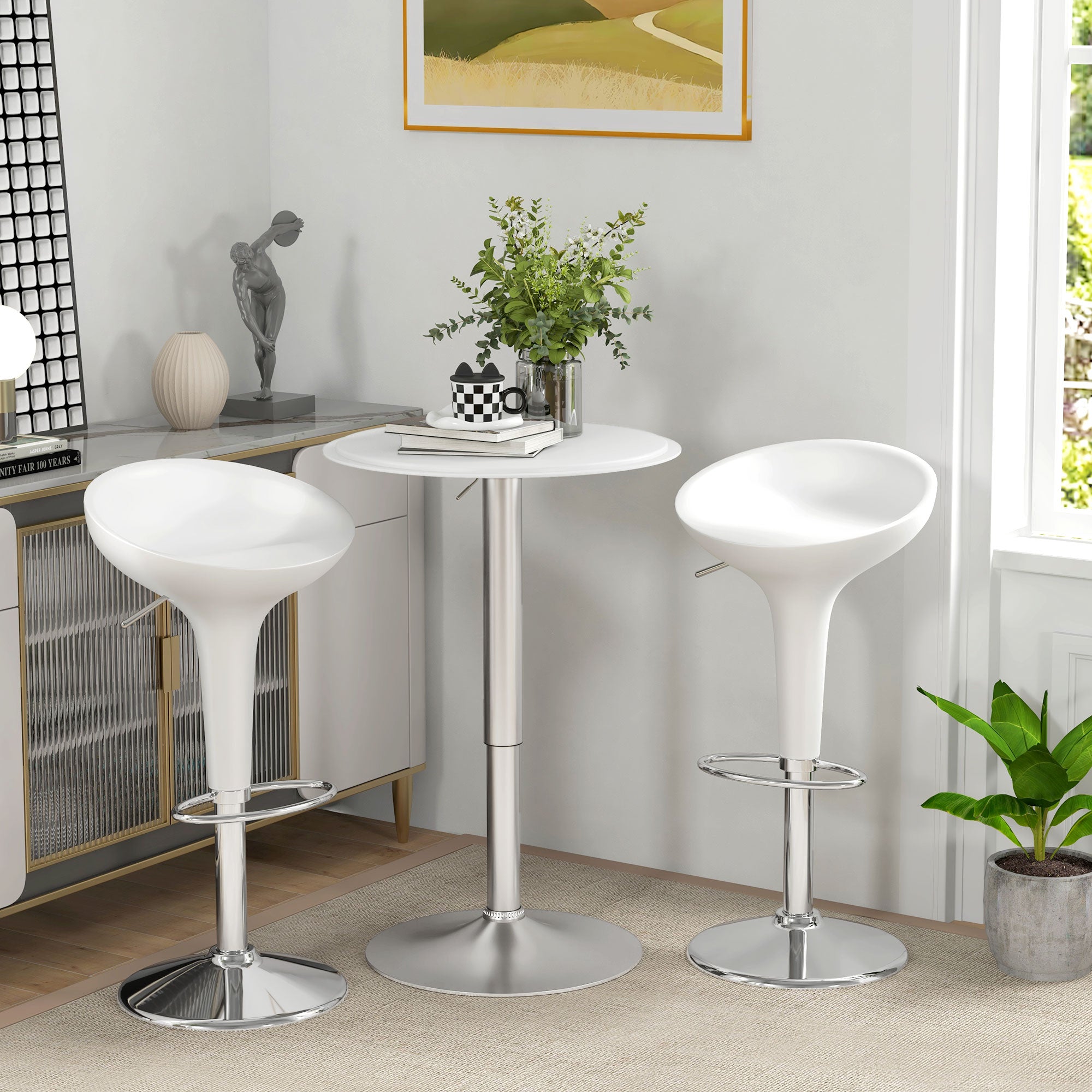 Modern Round Bar Table Adjustment Height Home Pub Bistro Desk Faux Leather Covered Wooden Top Chrome Base White Bar Tables & Dining Tables   at Gallery Canada