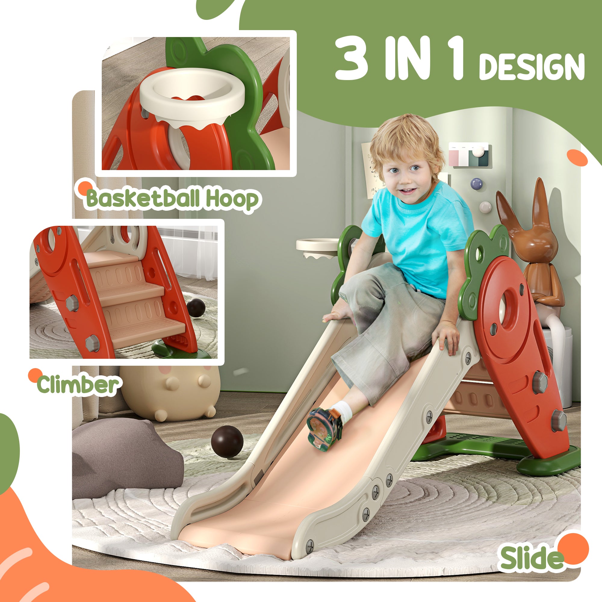 3 in 1 Foldable Toddler Slide with Basketball Hoop, Climber, for 1-3 Years Old, Orange Gym Sets & Swings at Gallery Canada