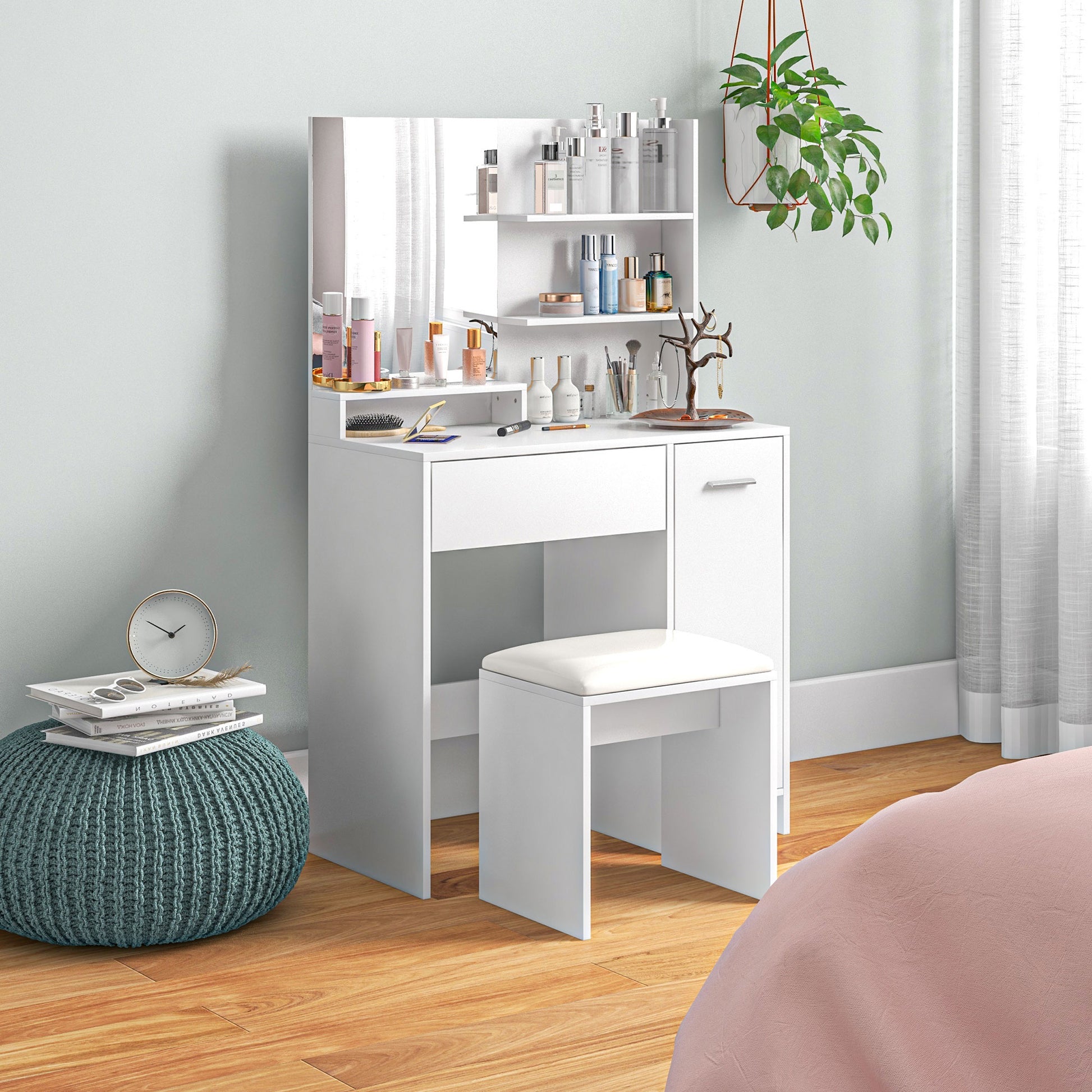 Vanity Set with Mirror and Stool, Makeup Vanity Table with Storage Drawer, Cabinet, Adjustable Shelf for Bedroom, White Dressing & Vanity Tables White  at Gallery Canada