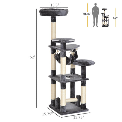 52" Multi-Level Cat Tree Tower, Kitten Scratcher Activity Center Play House with Hammock - Grey Cat Towers   at Gallery Canada