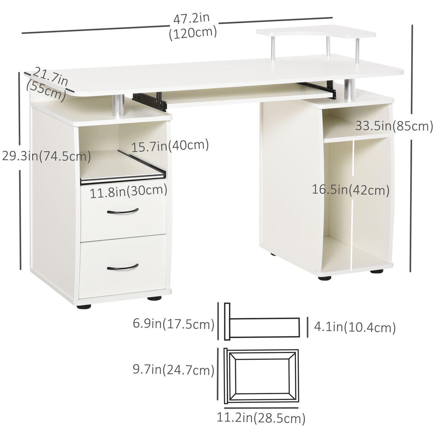 Computer Desk with Keyboard Tray, CPU Stand, Writing Desk with Drawers, Workstation for Home Office, White Computer Desks   at Gallery Canada