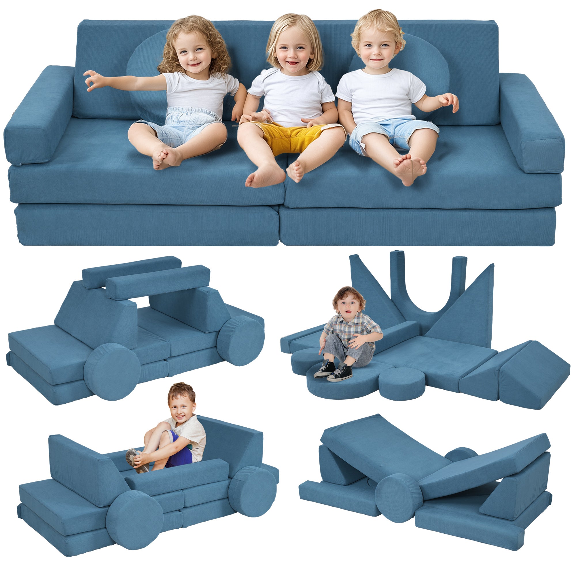 12-Piece Modular Kids Play Couch Building Fort for Playroom Bedroom, Convertible Kids Sofa, Blue Kids Chairs & Seating   at Gallery Canada