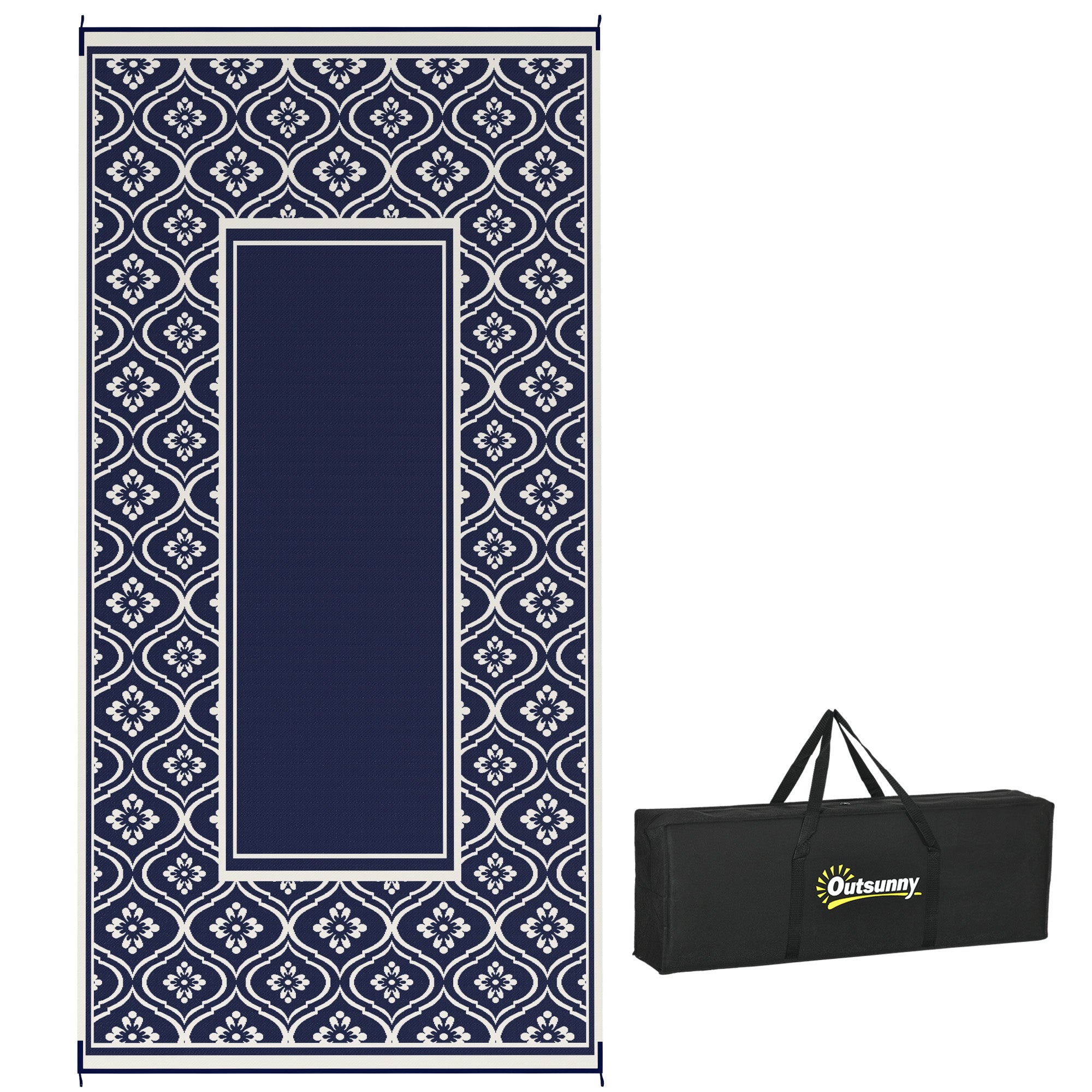 9' x 18' Outdoor RV Rug, Reversible Patio Floor Mat with Carry Bag, Gourd Border, Blue and White Garden Decor at Gallery Canada