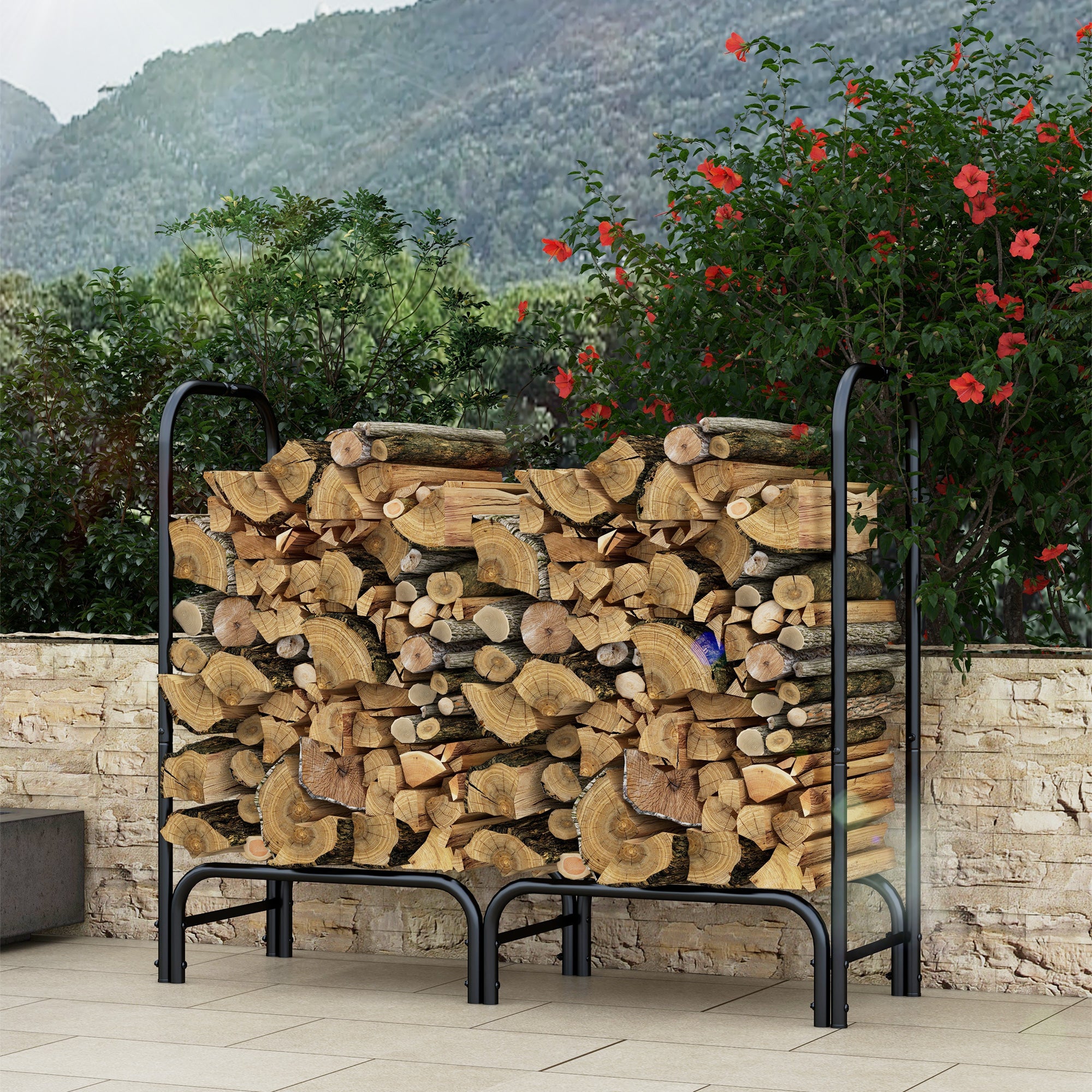 4ft Outdoor Firewood Rack with Cover and Carrier, Adjustable Wood Storage Holder, Indoor Outdoor Log Rack, Black Firewood Racks   at Gallery Canada