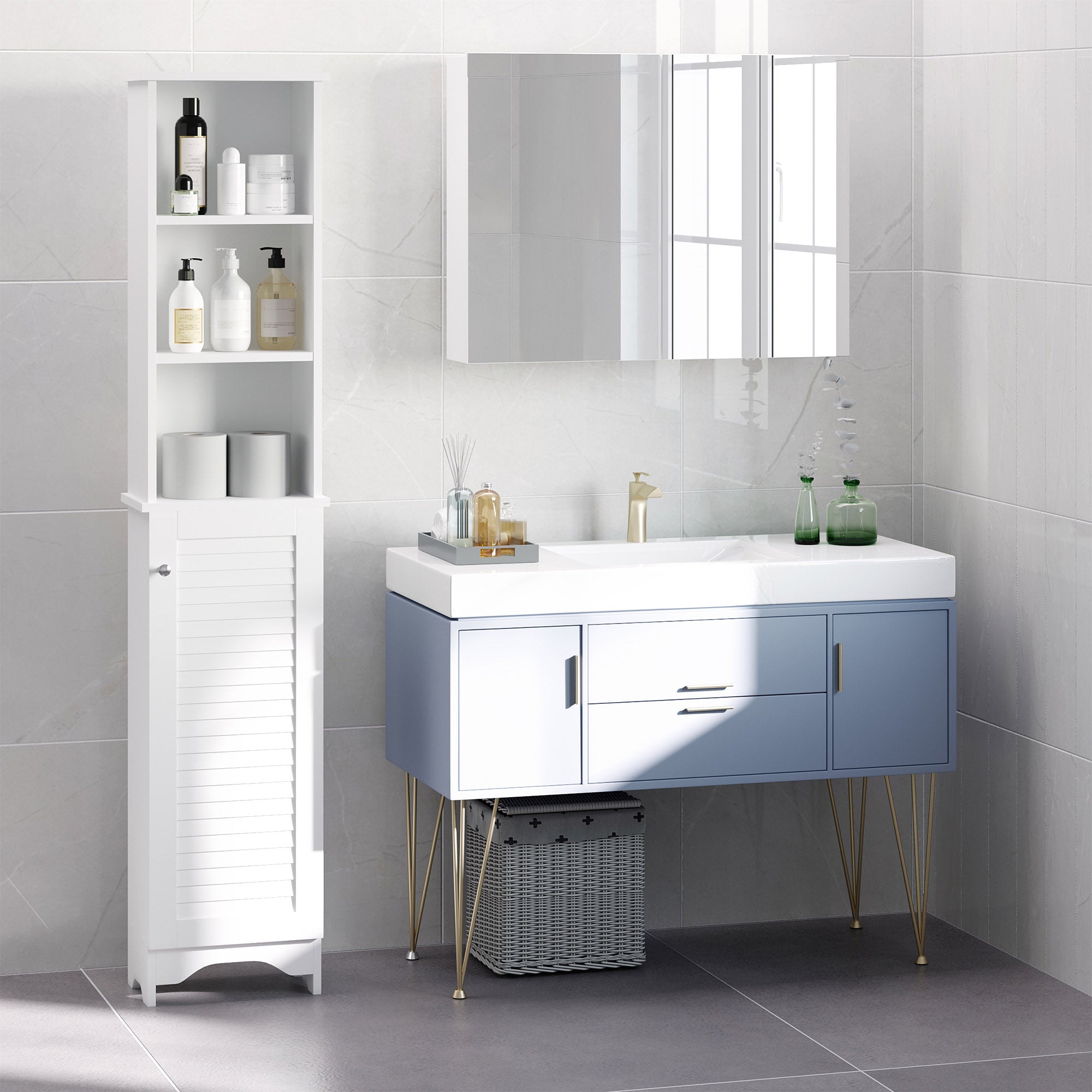 Tall Bathroom Storage Cabinet, Freestanding Linen Tower with 3-Tier Open Adjustable Shelf and Cupboard, White Bathroom Cabinets   at Gallery Canada