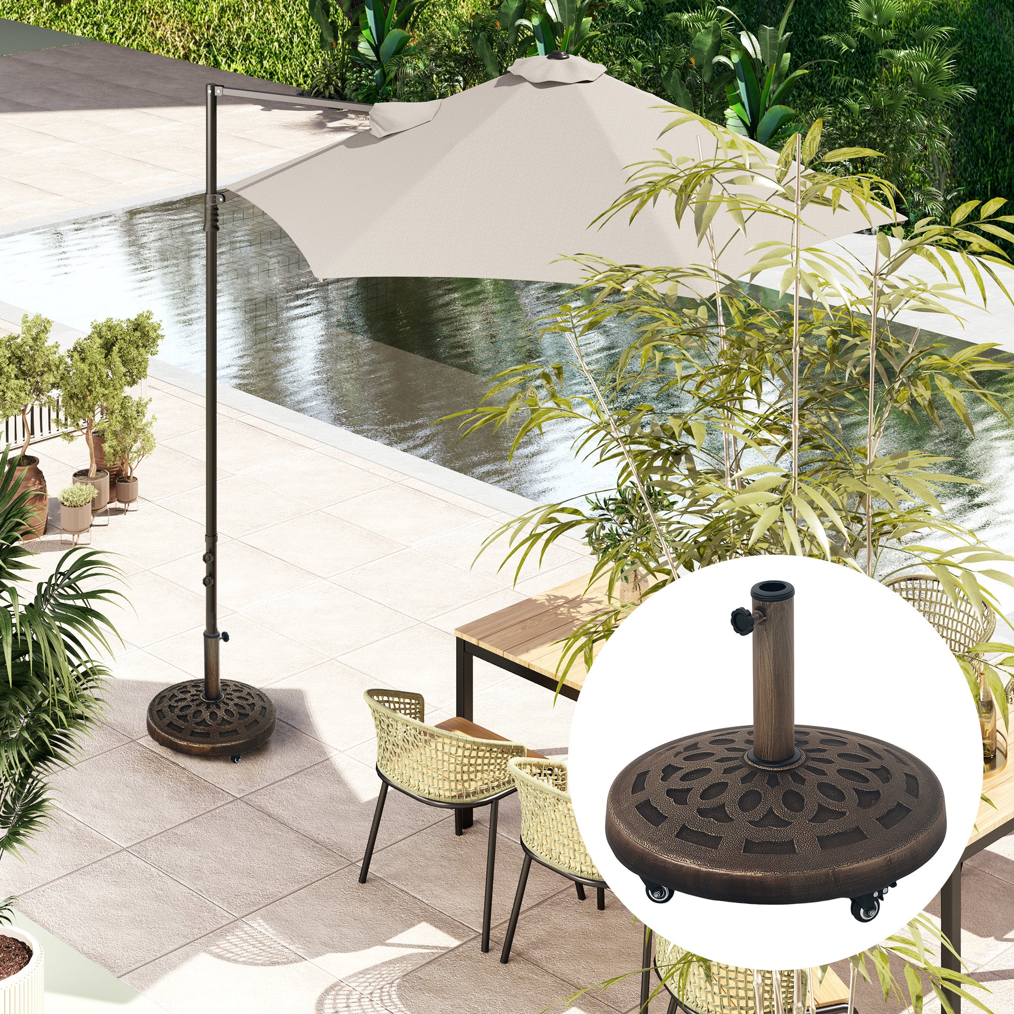 Round Patio Umbrella Base with Wheels, 46lbs Resin Umbrella Stand Base, Heavy Duty Patio Umbrella Holder for 1.3