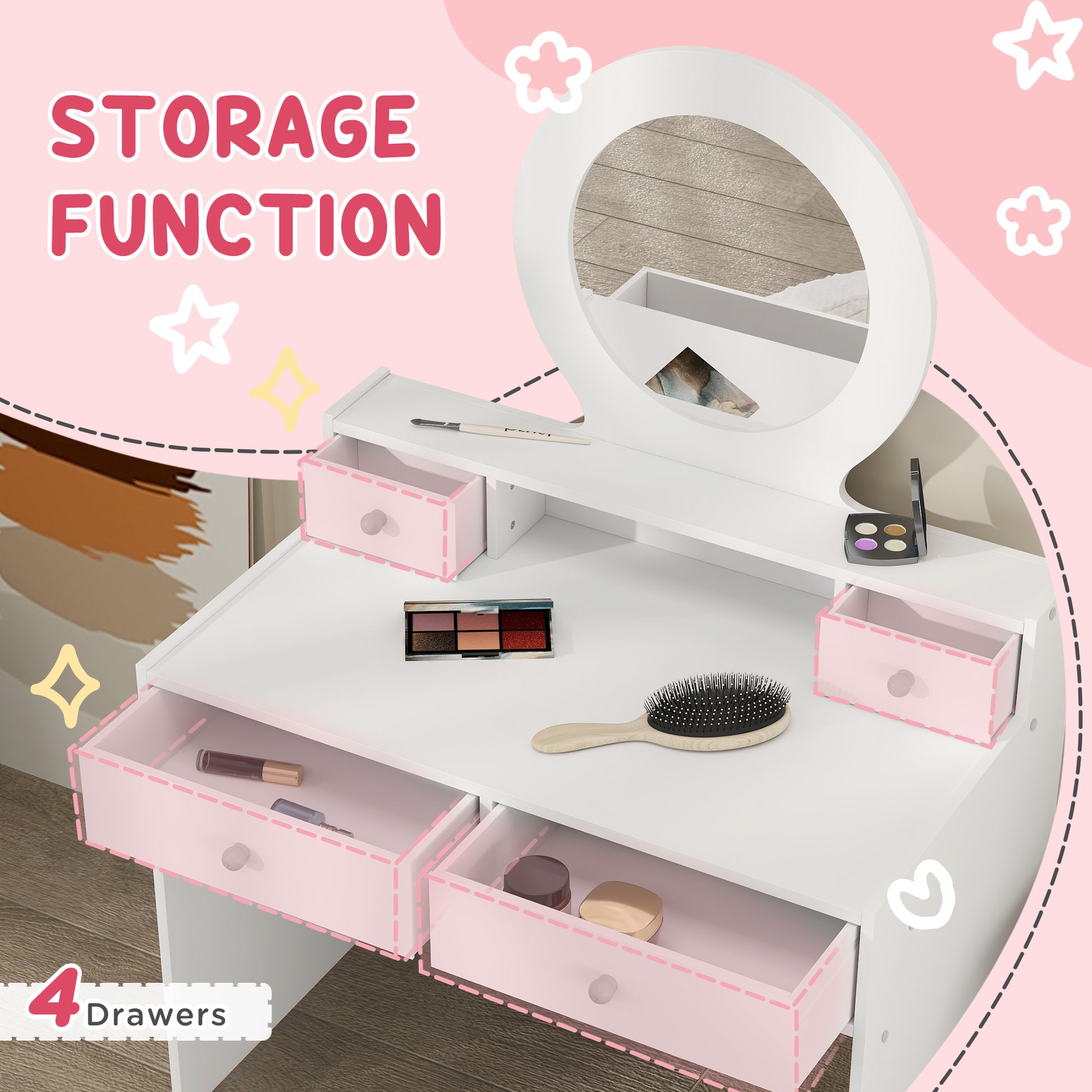 Kids Vanity Set, Children Makeup Table with Mirror, Stool and Storage Drawers, for Ages 3-8, White Toy Vanity   at Gallery Canada