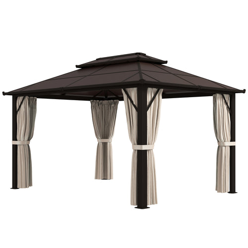 10' x 13' Hardtop Gazebo Canopy with UPF30+ Double Polycarbonate Roof, Aluminum Frame, Netting and Curtains, Beige