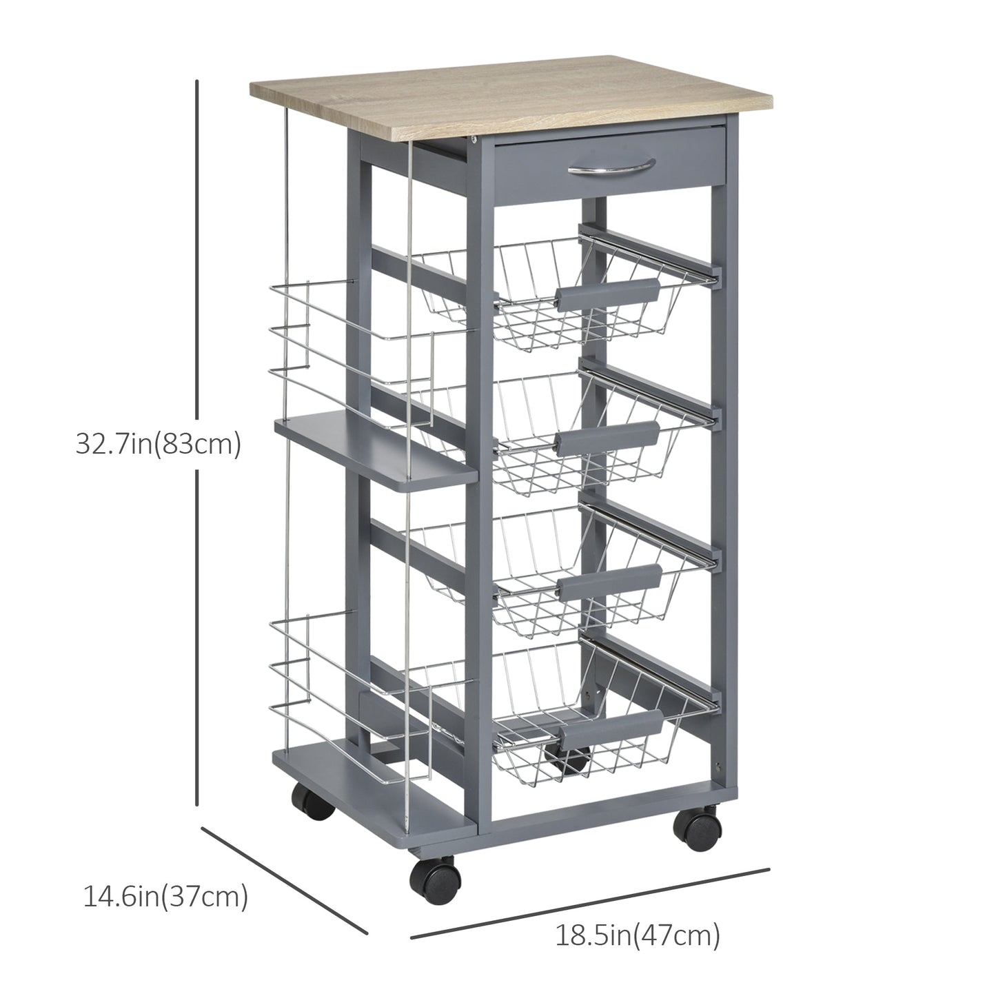 Rolling Kitchen Cart, Utility Storage Cart with 4 Baskets, Drawer, Side Racks, Wheels for Dining Room, Dark Grey Kitchen Islands & Kitchen Carts   at Gallery Canada