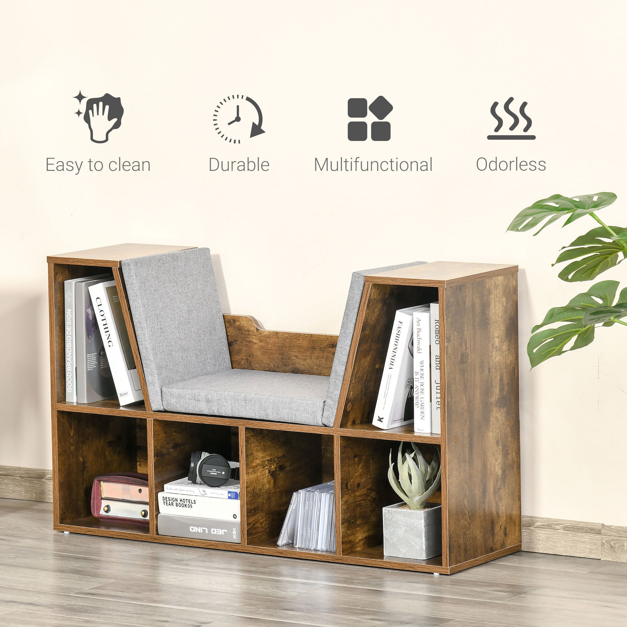 6-Cubby Bookcase with Seat Cushion, Cube Storage Shelf with Reading Nook for Home Office, Study, Rustic Brown Bookshelves & Bookcases at Gallery Canada