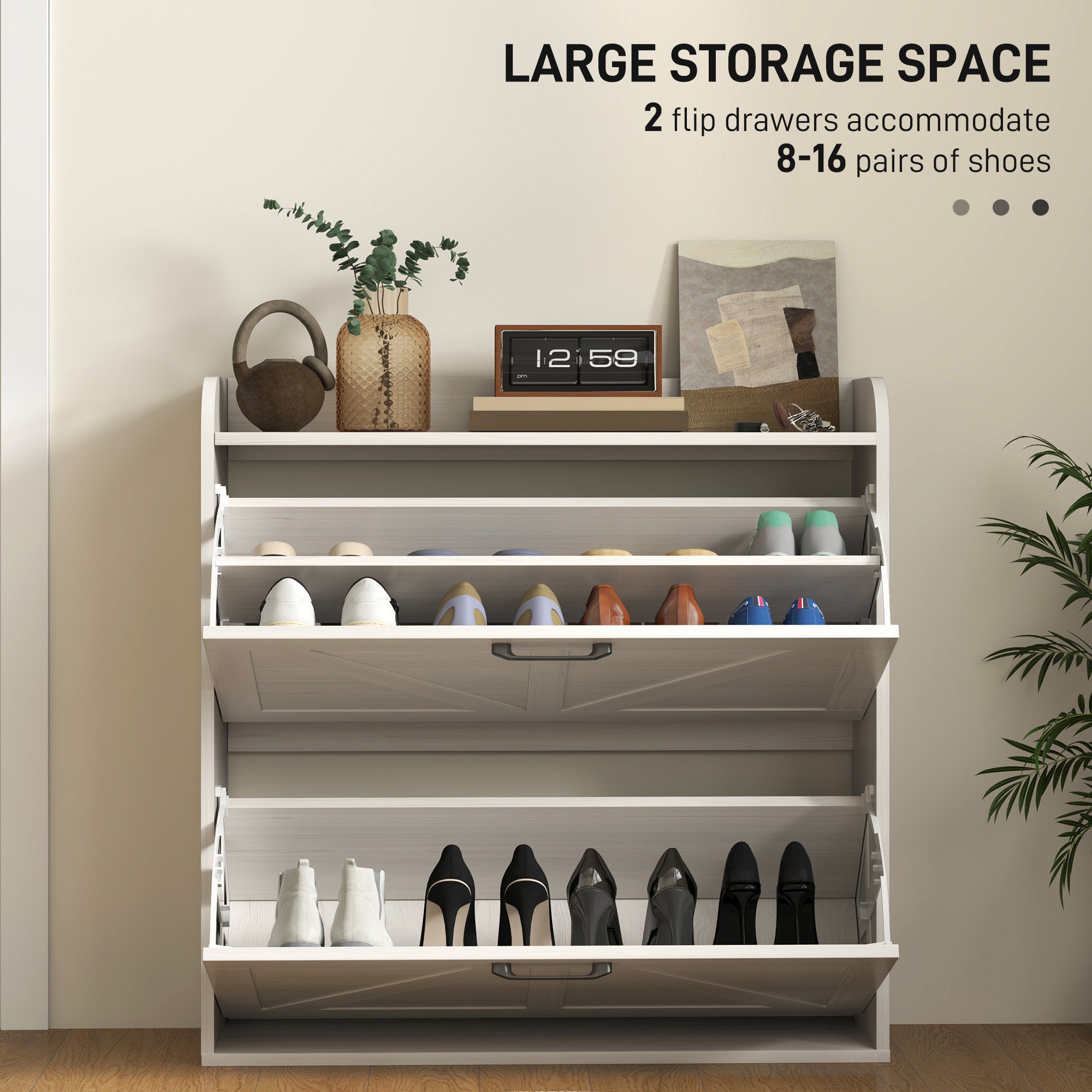 Narrow Shoe Storage Cabinet, Farmhouse Slim Shoe Cabinet with 2 Flip Drawers, Adjustable Shelves, White Oak Shoe Storage Cabinets & Racks at Gallery Canada