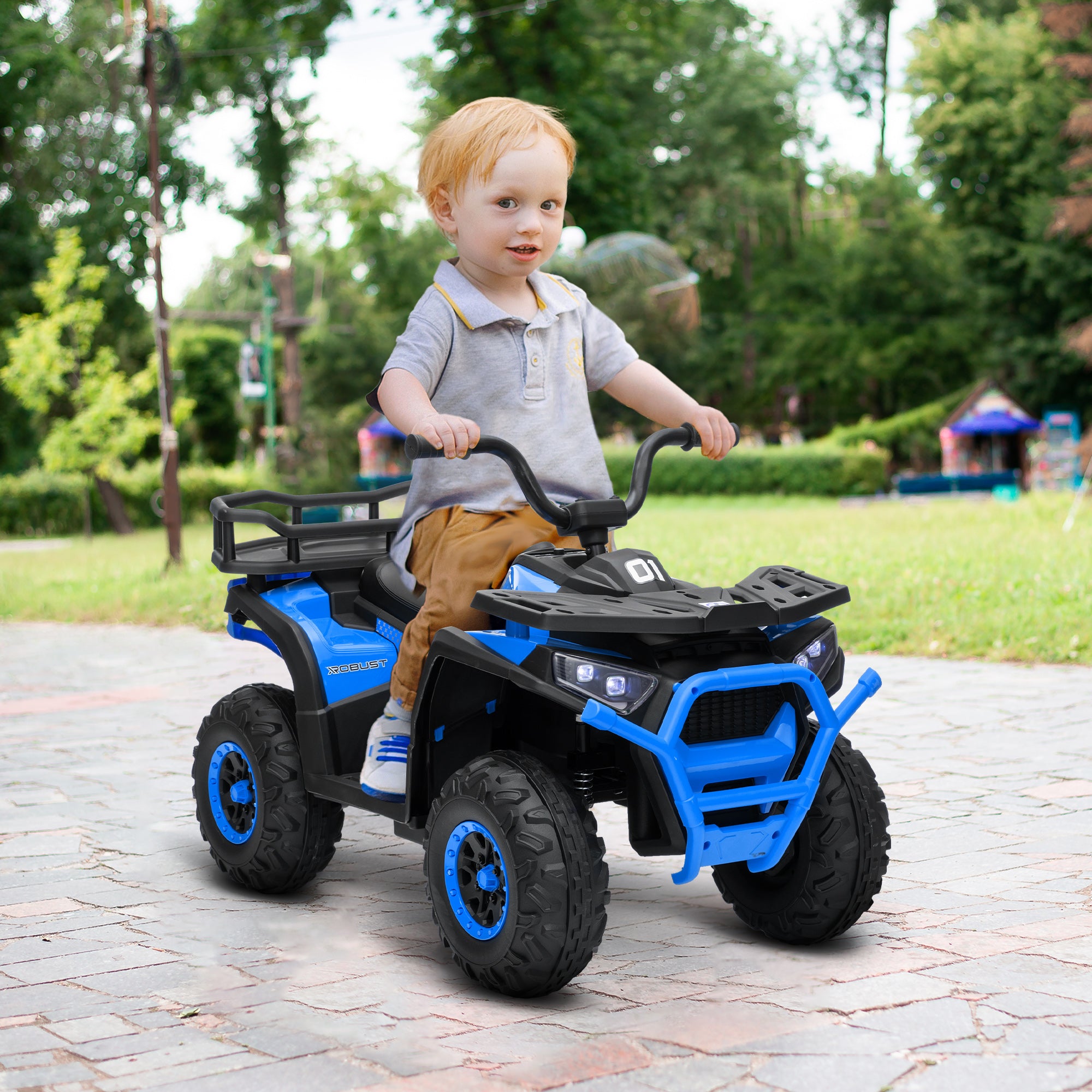 Kids ATV, 12V Battery Powered Electric Ride on Toy w/ Spring Suspension, Storage Basket, High &; Low Speed, Blue Electric Ride On Toys at Gallery Canada
