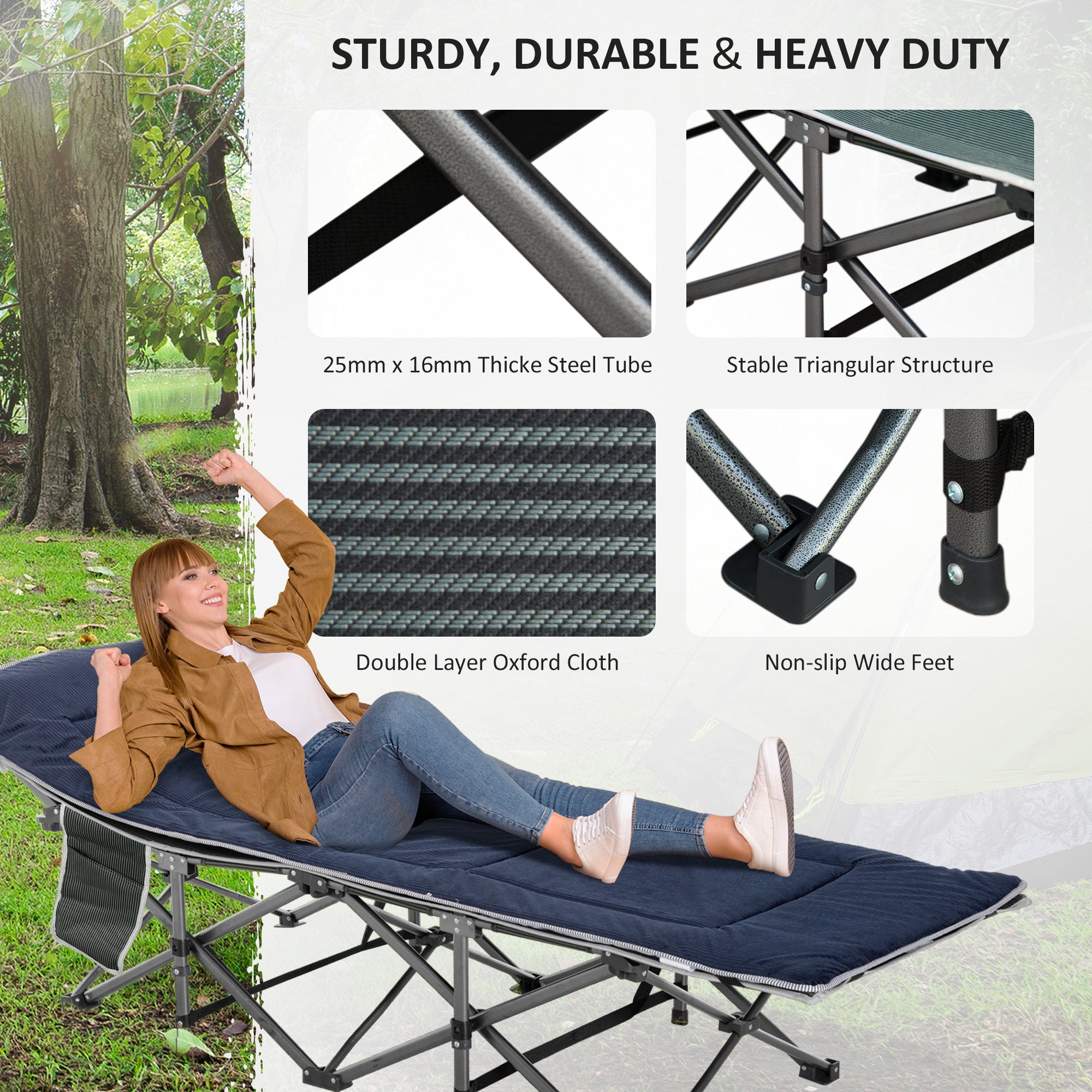 Folding Camping Cot with Mattress &; Pillow, Double Layer Oxford Heavy Duty Sleeping Cot with Carry Bag Grey and Blue Camping Cots at Gallery Canada