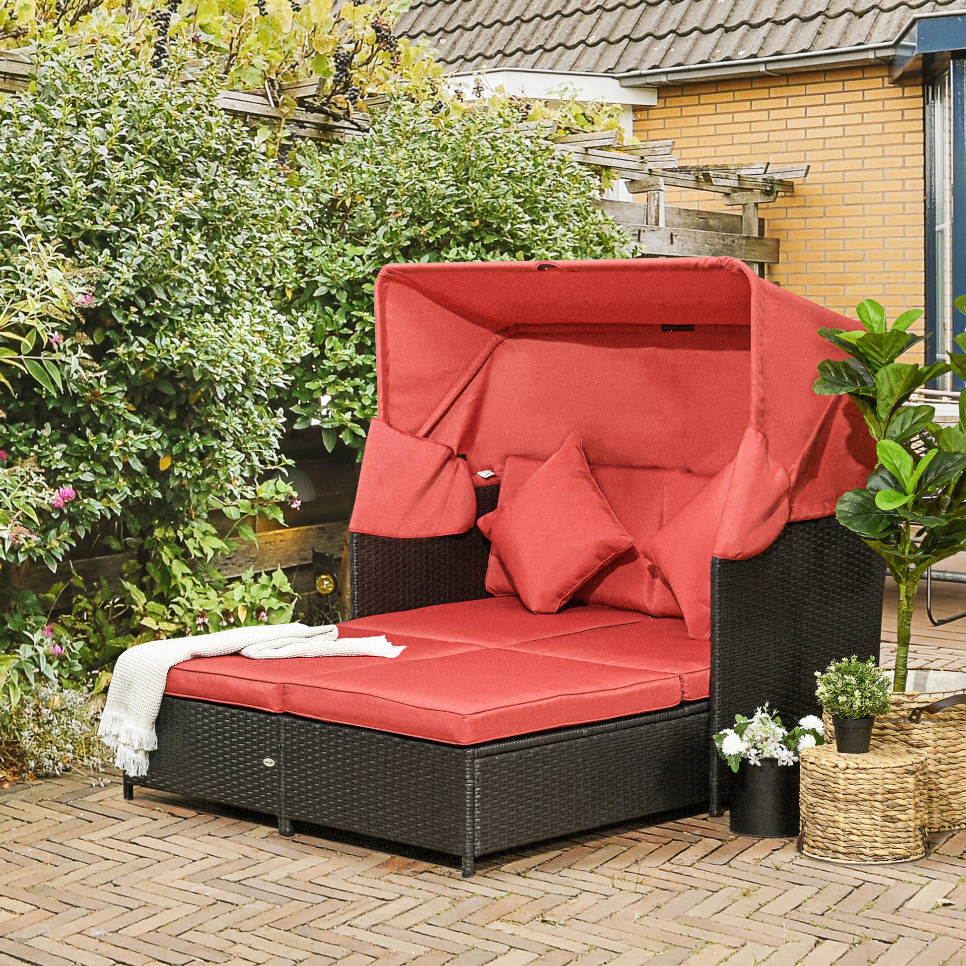 Patio Daybed, Outdoor Wicker Double Daybed, PE Rattan Sun Lounger for 2-Person with Cushions, and Foldable Awning, for Garden, Balcony, Poolside, Red Daybeds Multi Colour  at Gallery Canada