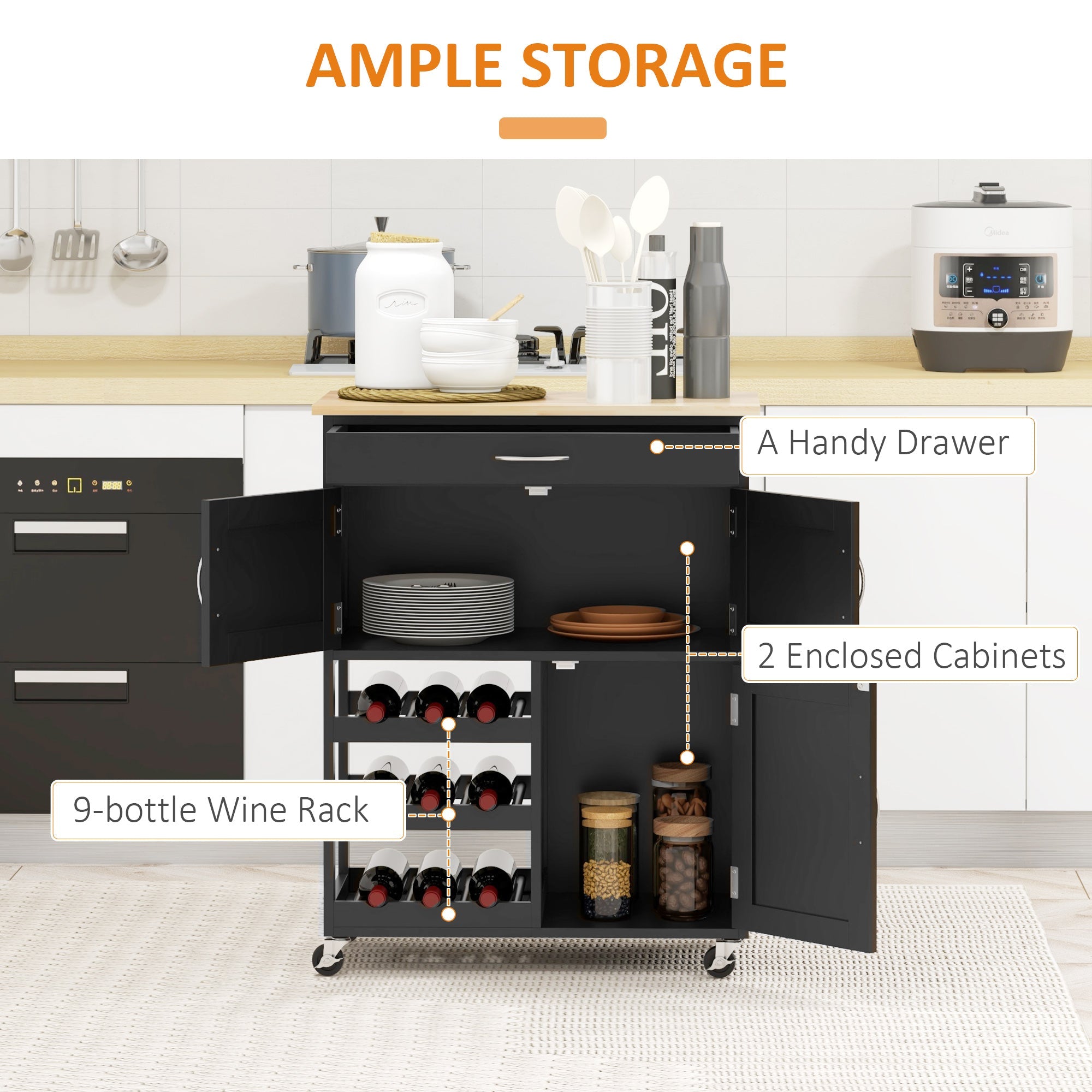 Rolling Kitchen Cart, Kitchen Island with Storage Drawer, 9-bottle Wine Rack, Door Cabinets, Wooden Countertop, Black Kitchen Islands & Kitchen Carts   at Gallery Canada