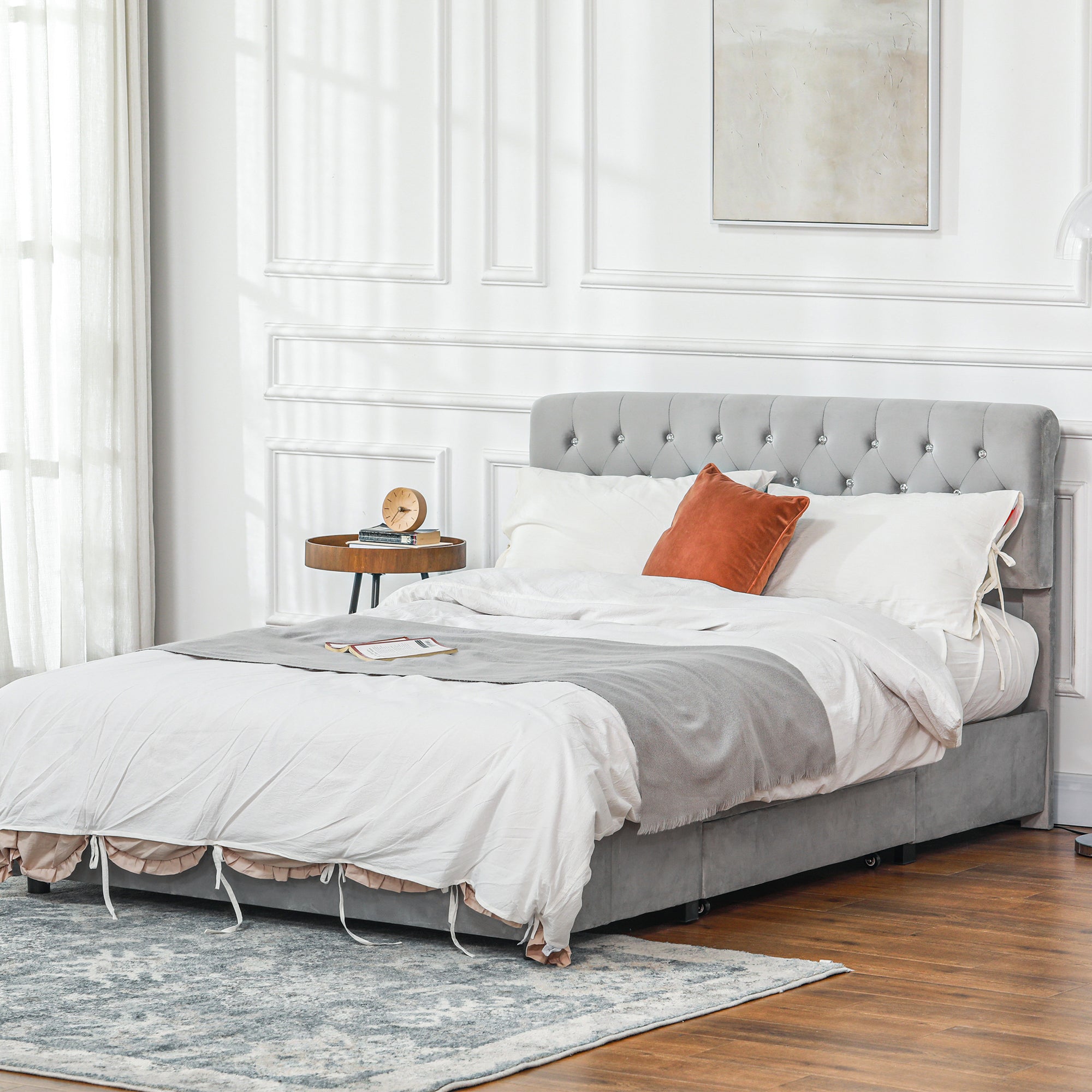 Full Bed Frame with Headboard, Double Bed Frame with 2 Drawers, No Box Spring Needed, Easy Assembly, Light Grey Bedroom Furniture Light Grey  at Gallery Canada