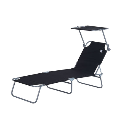 Outdoor Lounge Chair, Adjustable Folding Chaise Lounge, Tanning Chair with Sun Shade for Beach, Camping, Hiking, Backyard, Black Lounger Chairs   at Gallery Canada