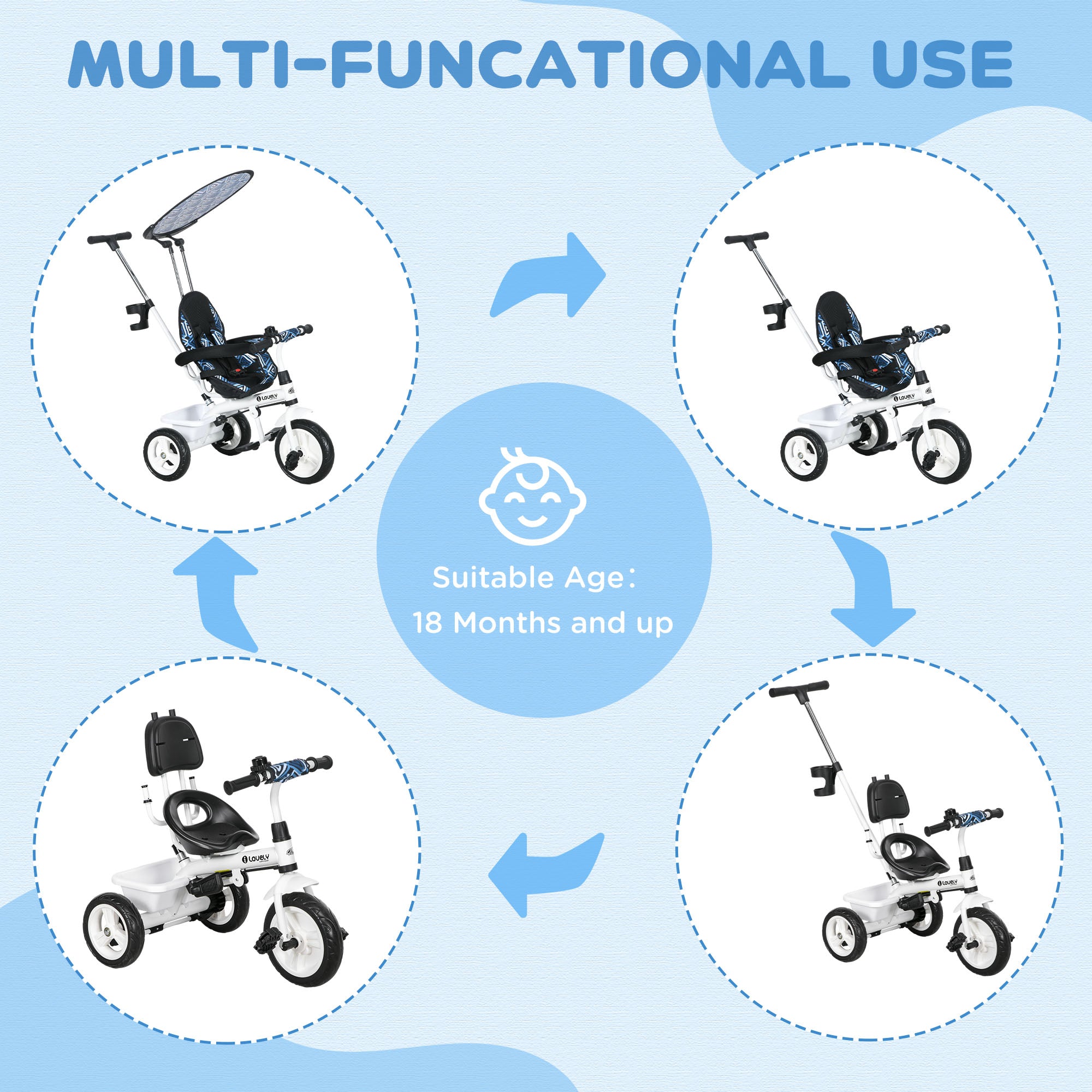 4 in 1 Kids Tricycle with Removable Handlebar and Canopy, Blue Tricycles for Kids   at Gallery Canada