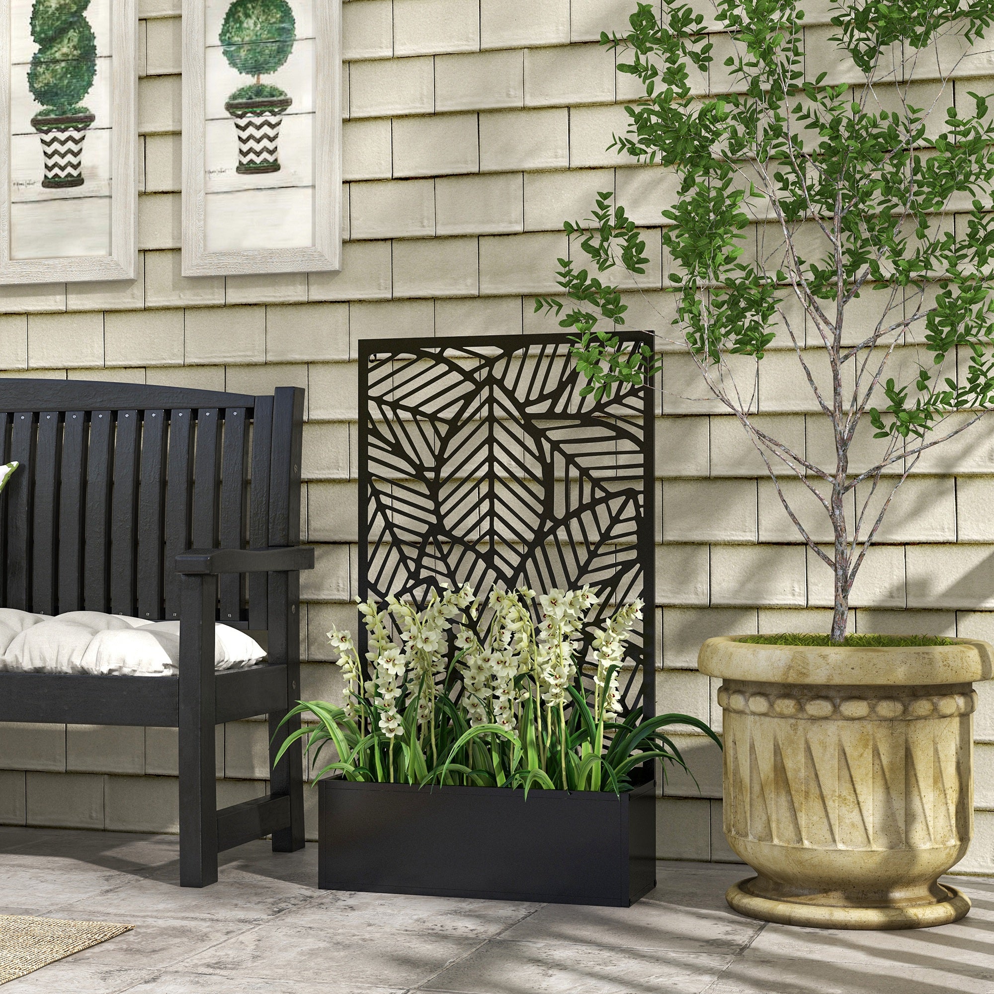 Metal Outdoor Raised Garden Bed with Privacy Screen, Privacy Panel and Planter Box, Wall-Mounted or Freestanding, Black Raised Garden Beds at Gallery Canada