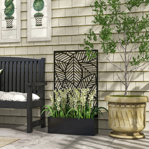 Metal Outdoor Raised Garden Bed with Privacy Screen, Privacy Panel and Planter Box, Wall-Mounted or Freestanding, Black