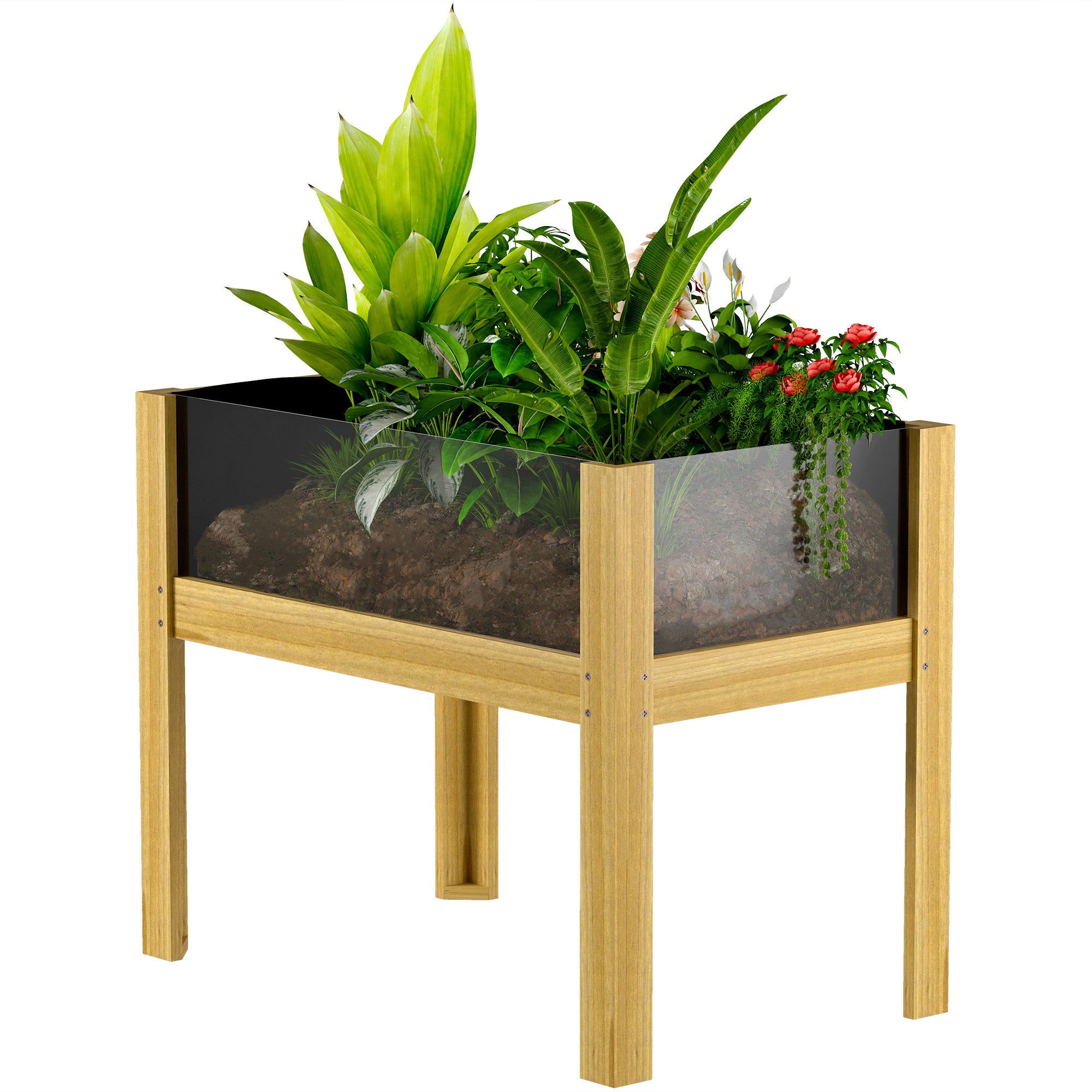 Wooden Raised Garden Bed with Acrylic Panels, Raised Planter Box with Drainage Holes, 29.5