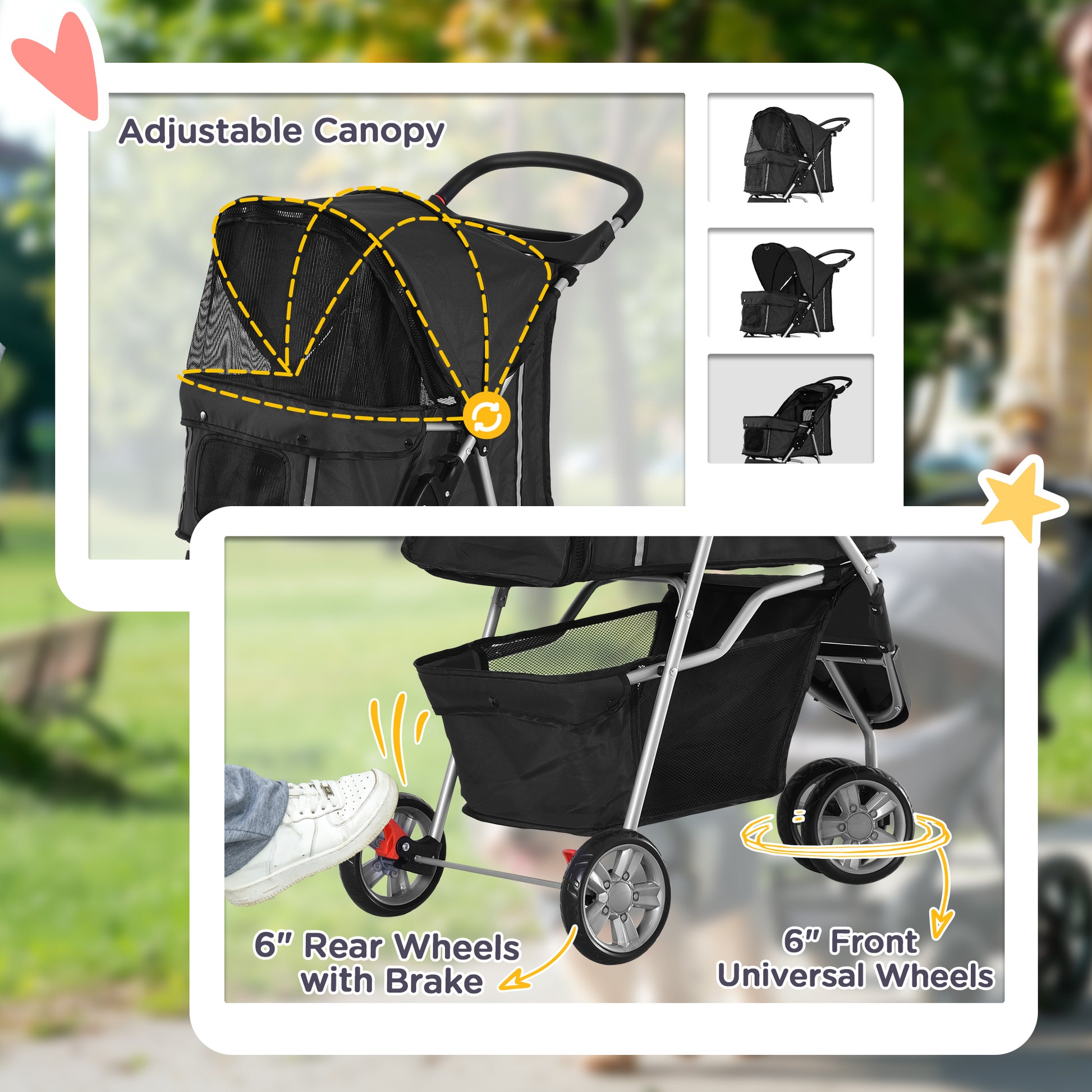 3 Wheels Foldable Dog Stroller with Storage Basket, Adjustable Canopy, Cupholder for Miniature and Small Dogs, Black Dog Bike Trailers & Strollers at Gallery Canada