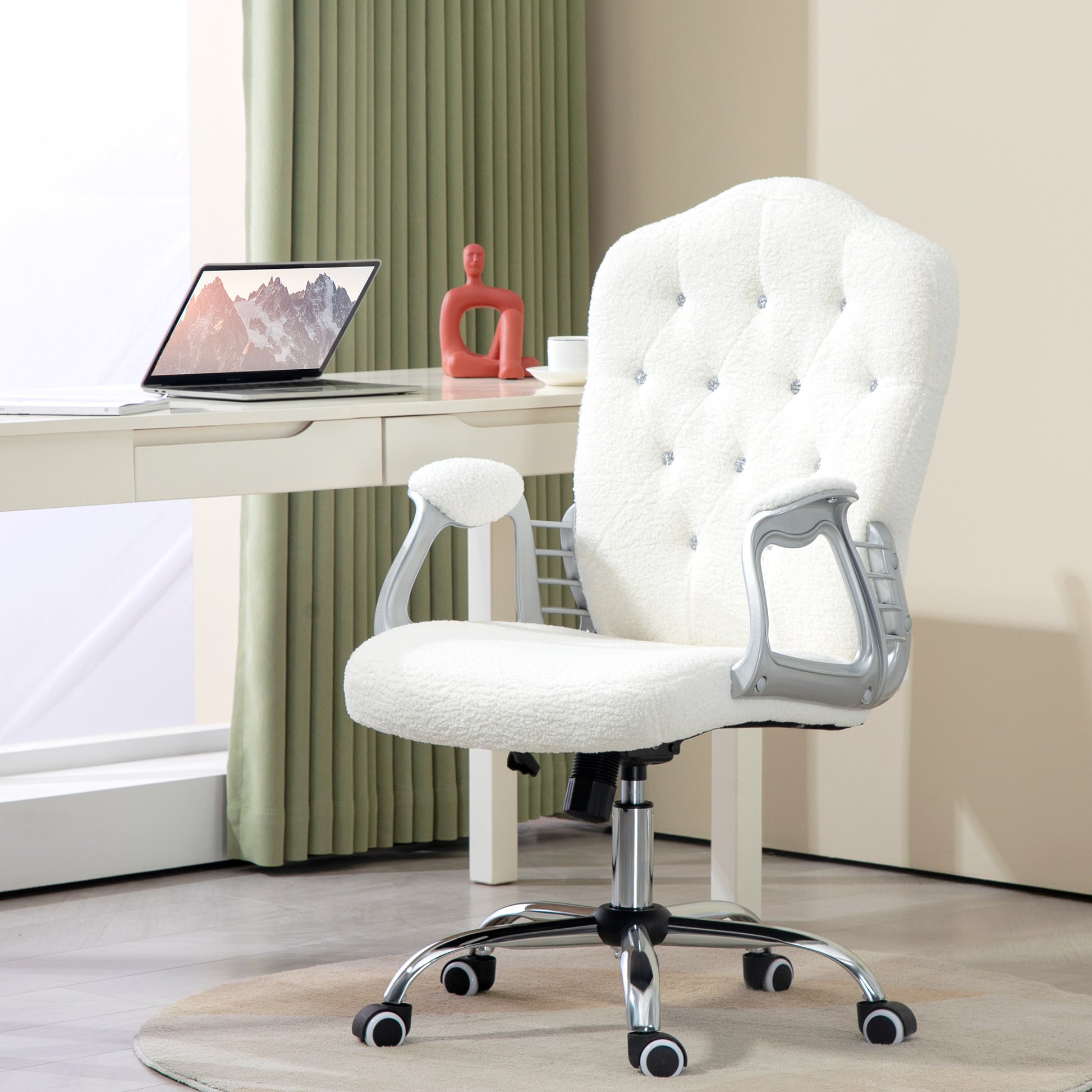 Velvet Computer Chair, Button Tufted Desk Chair with Swivel Wheels, Adjustable Height White Executive & Manager Chairs White  at Gallery Canada