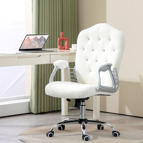 Velvet Computer Chair, Button Tufted Desk Chair with Swivel Wheels, Adjustable Height White