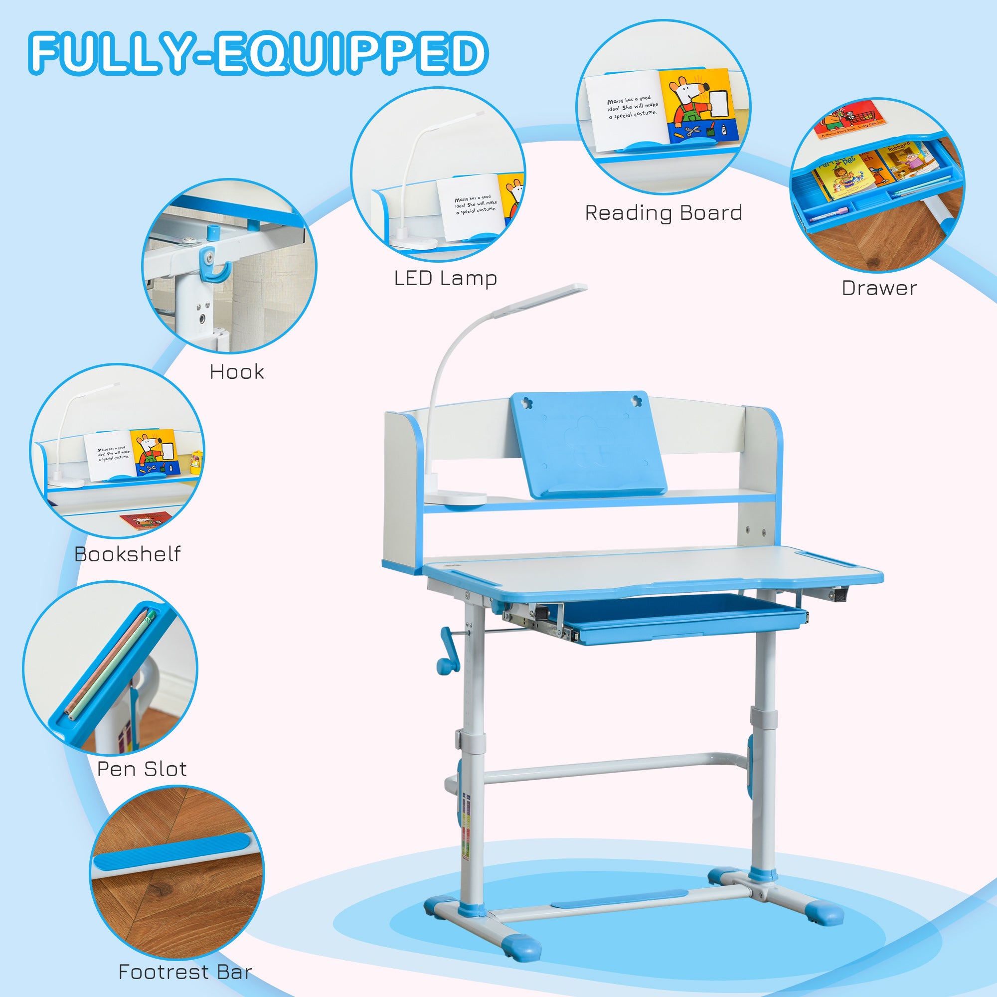 Kids Desk and Chair Set with Easy Rotation Handle, Height Adjustable Study Table and Chair Set with LED Lamp, Bookshelf, Drawer, Reading Board, Pen Slot, Hook, Blue Kids Desk Sets at Gallery Canada
