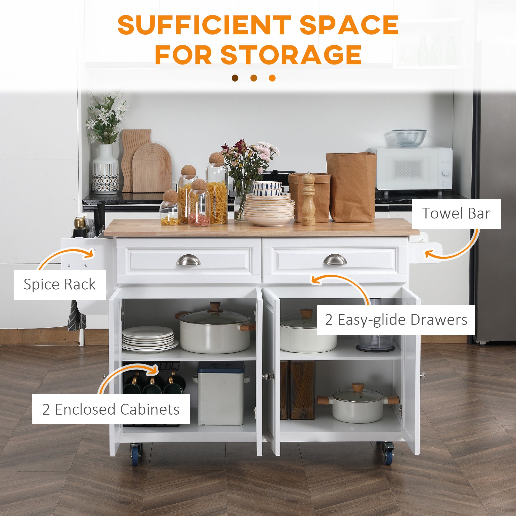 Kitchen Island with Storage, Rolling Kitchen Island with Drop Leaf, Rubber Wood Top and Adjustable Shelves, White Kitchen Islands & Kitchen Carts at Gallery Canada