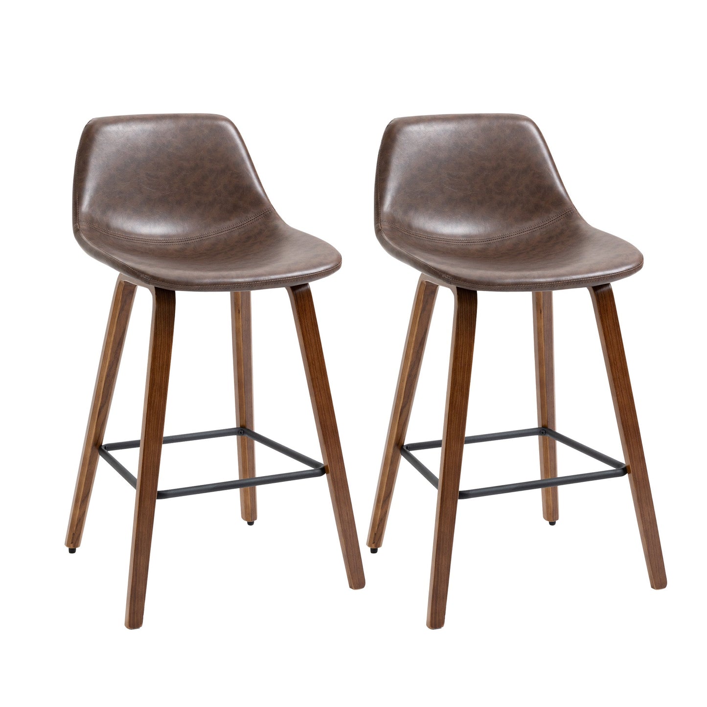 Counter Height Bar stools Set of 2 Mid-Back PU Leather Bar Chairs with Wood Legs, Brown Bar Stools Brown  at Gallery Canada