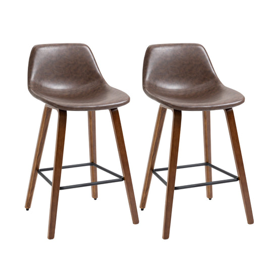 Counter Height Bar stools Set of 2 Mid-Back PU Leather Bar Chairs with Wood Legs, Brown - Gallery Canada