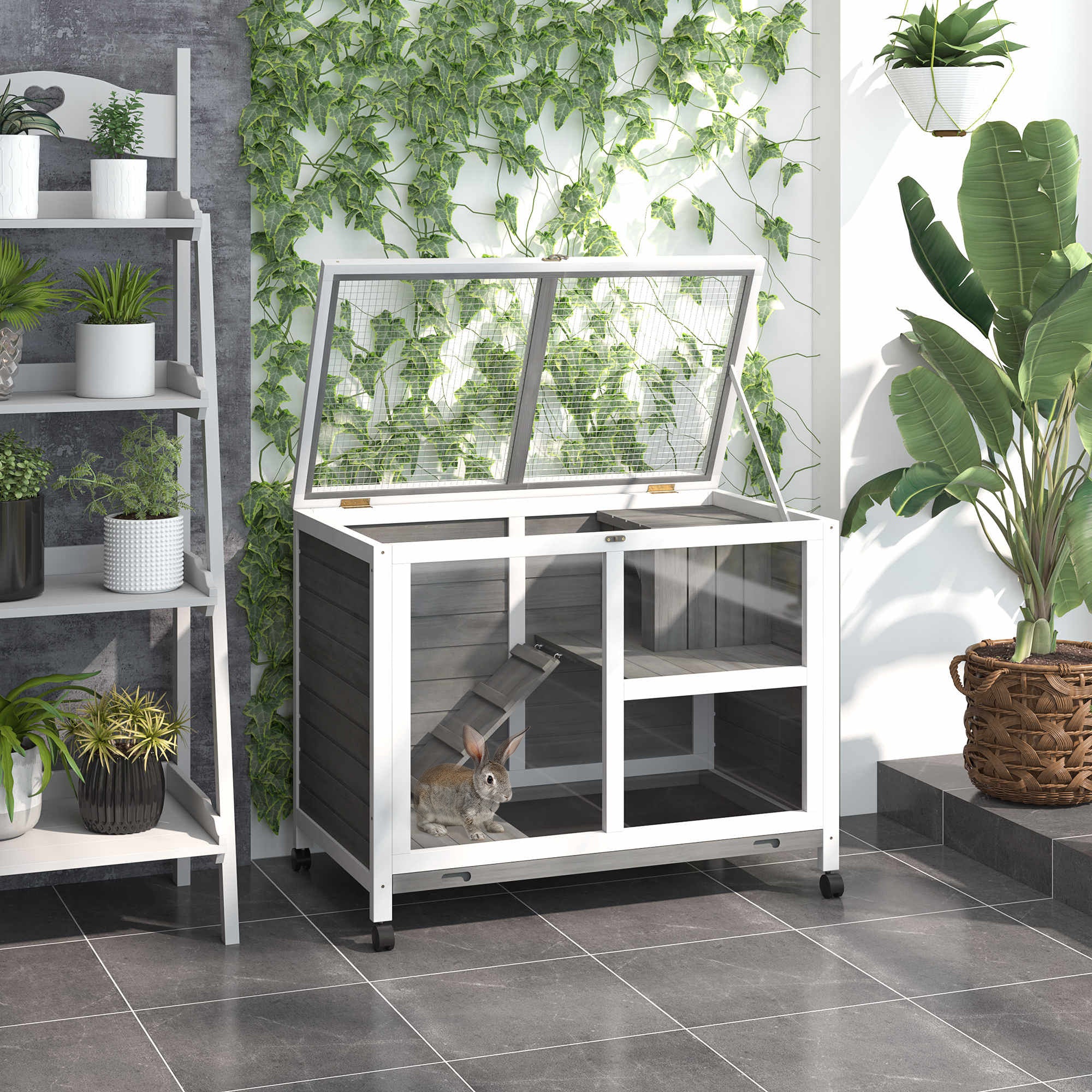 Indoor Rabbit Hutch with Wheels, Bunny Cage Guinea Pig House W/ Top Access, Ramp, Pull Out Tray, Grey Rabbit Hutch at Gallery Canada
