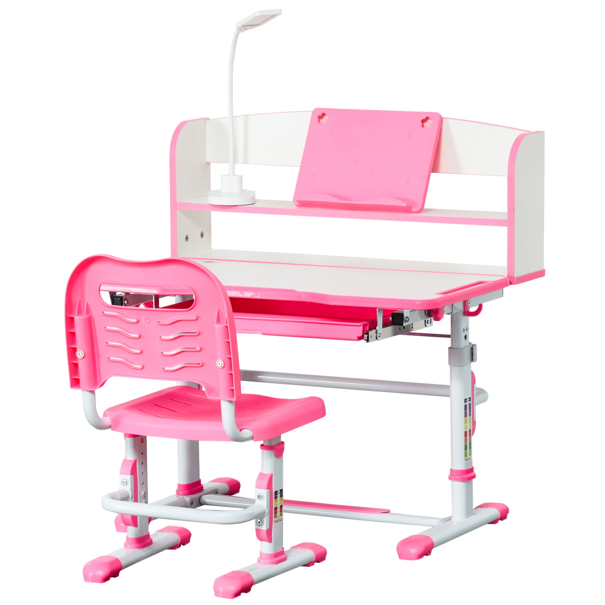 Kids Desk and Chair Set Height Adjustable Student Writing Desk Children School Study Table with LED Lamp, Bookshelf, Drawer, Reading Board, Pen Slot, Hook, Pink Kids Desk Sets at Gallery Canada