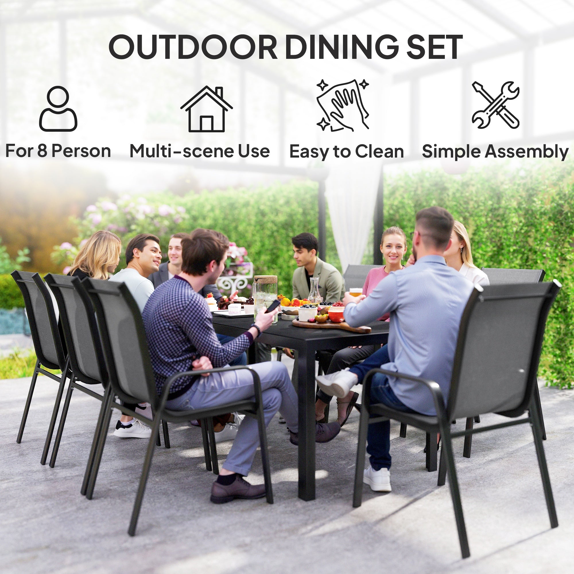 9 Pieces Patio Set with Stackable Chairs, Patio Dining Set with Glass Top for Garden, Patio, Backyard, Grey Outdoor Dining Sets at Gallery Canada