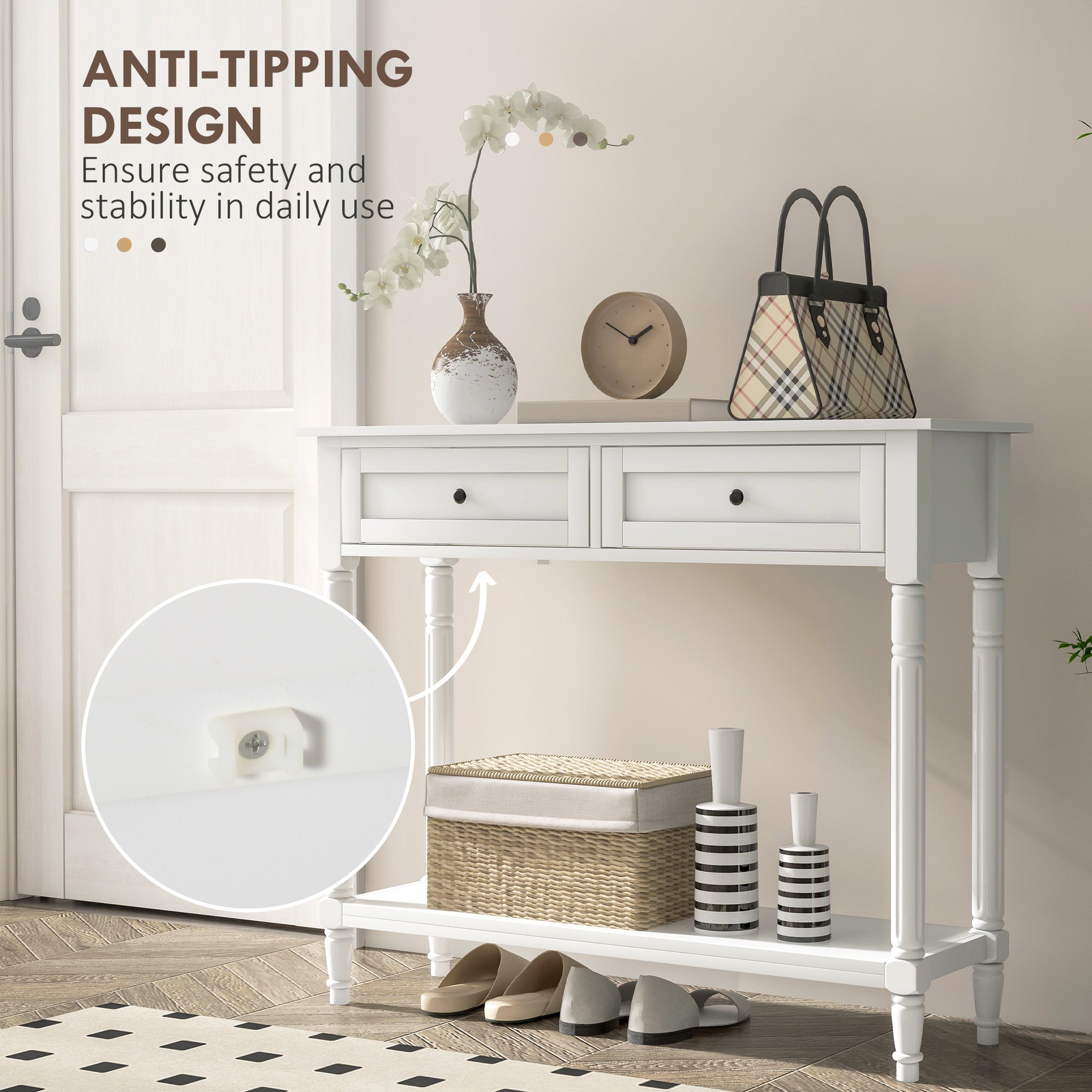 Hallway Console Table, Modern Entryway Table with 2 Drawers, Storage Shelf, Turned Legs for Living Room, Bedroom, White Console Tables at Gallery Canada