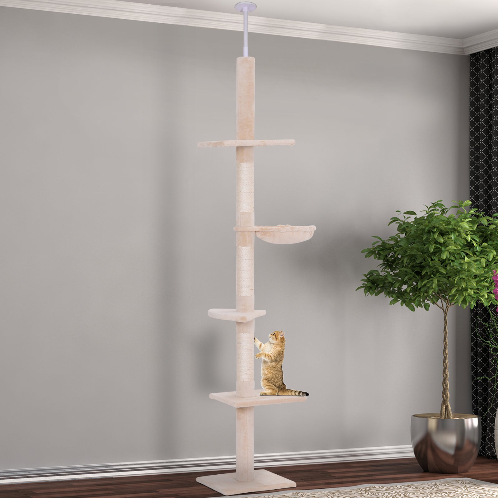 8.5ft Cat Climbing Tree 5-Tier Kitty Activity Center with Scratching Post Beige Floor to Ceiling Cat Trees at Gallery Canada