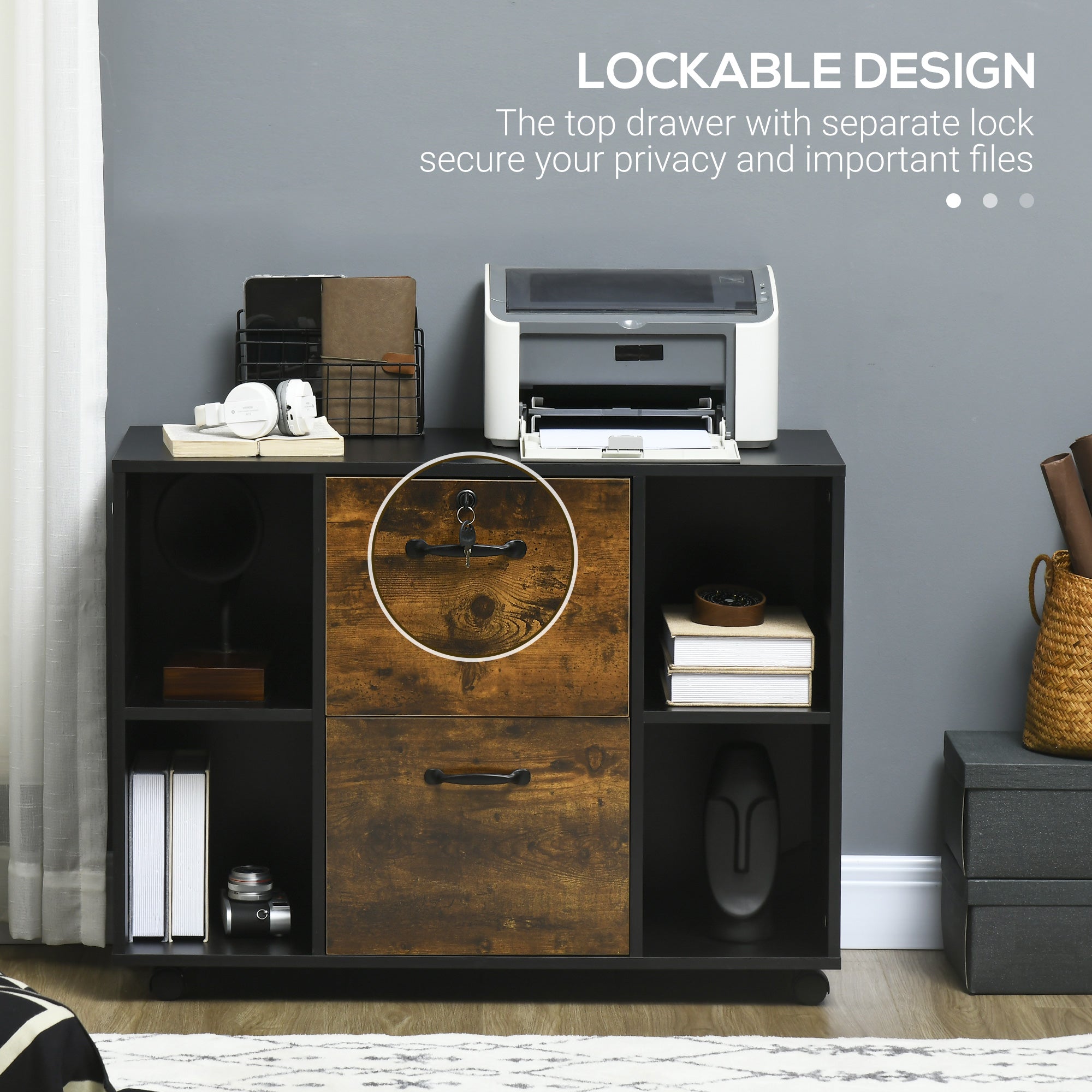 Lateral Filing Cabinet with Wheels and Lockable Drawer, File Cabinet, Mobile Printer Stand with Open Shelves for Letter and A4 Size Documents, Rustic Brown Office Cabinets & Cupboards at Gallery Canada