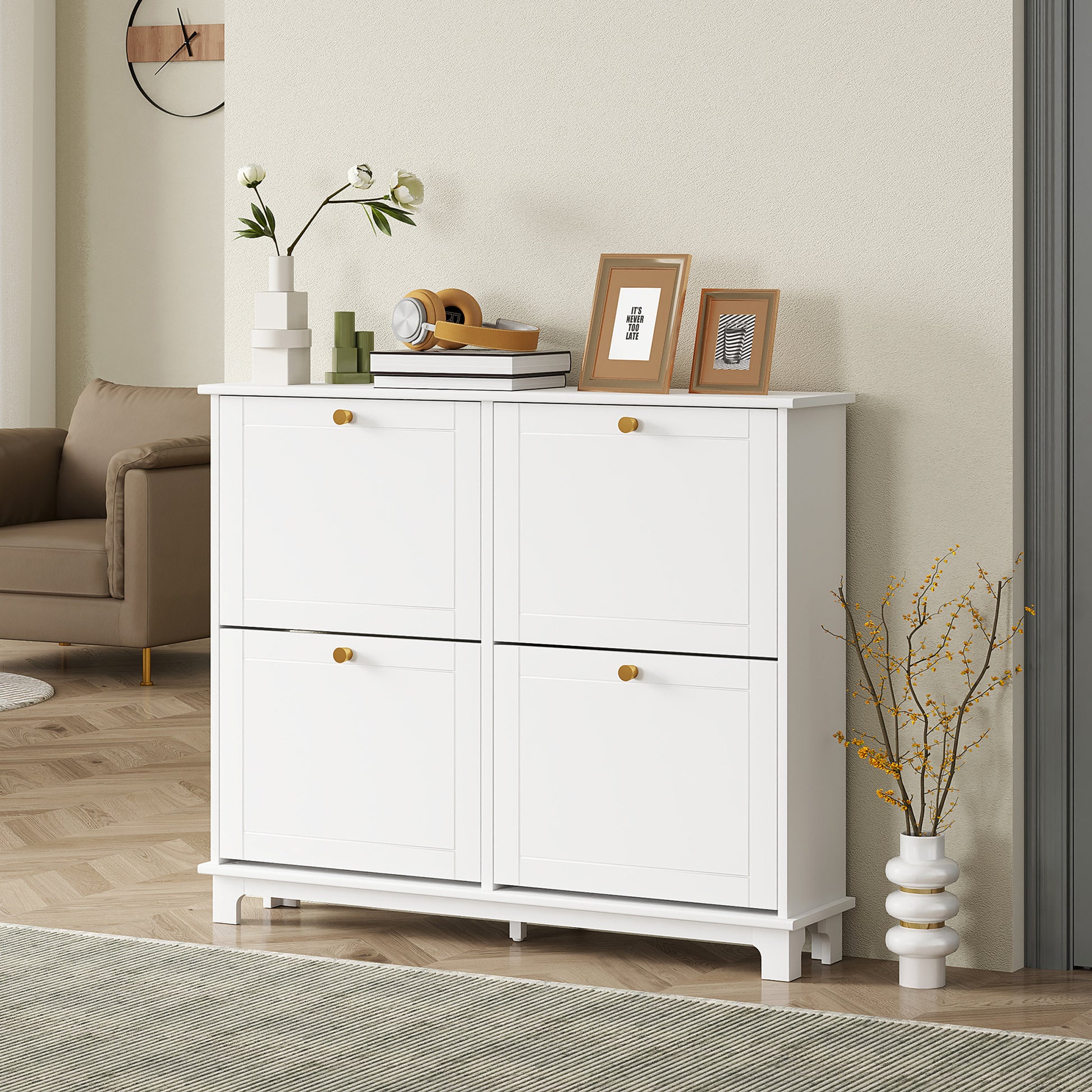 Modern Shoe Storage Cabinet, Narrow Shoe Cabinet with 4 Flip Drawers, Adjustable Shelves, 5 Legs for Entryway, White Shoe Storage Cabinets & Racks White  at Gallery Canada