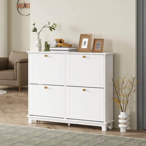 Modern Shoe Storage Cabinet, Narrow Shoe Cabinet with 4 Flip Drawers, Adjustable Shelves, 5 Legs for Entryway, White