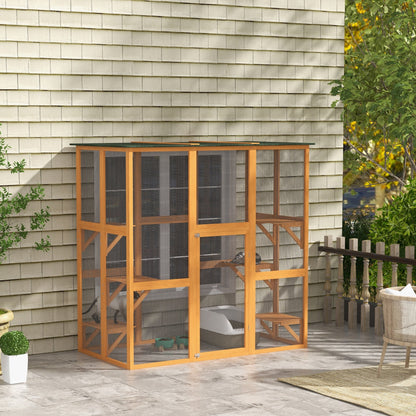 71" x 39" x 71" Cat Cage, Large Outdoor Wooden Cat Patio with 6 Balanced Platforms and Asphalt Roof, Orange Outdoor Cat Enclosures   at Gallery Canada