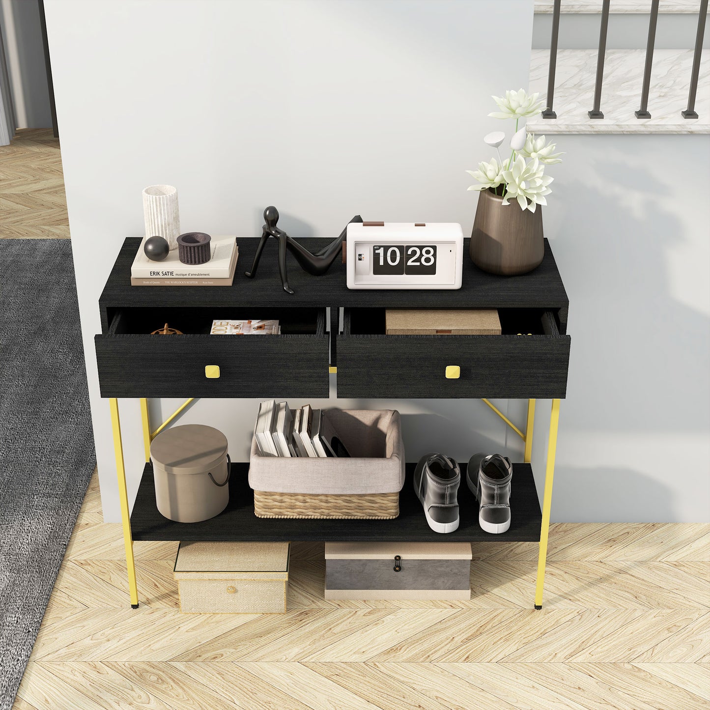 Hallway Console Table Entryway Table with 2 Drawers and Storage Shelf for Living Room Bedroom Behind Sofa Black Console Tables   at Gallery Canada