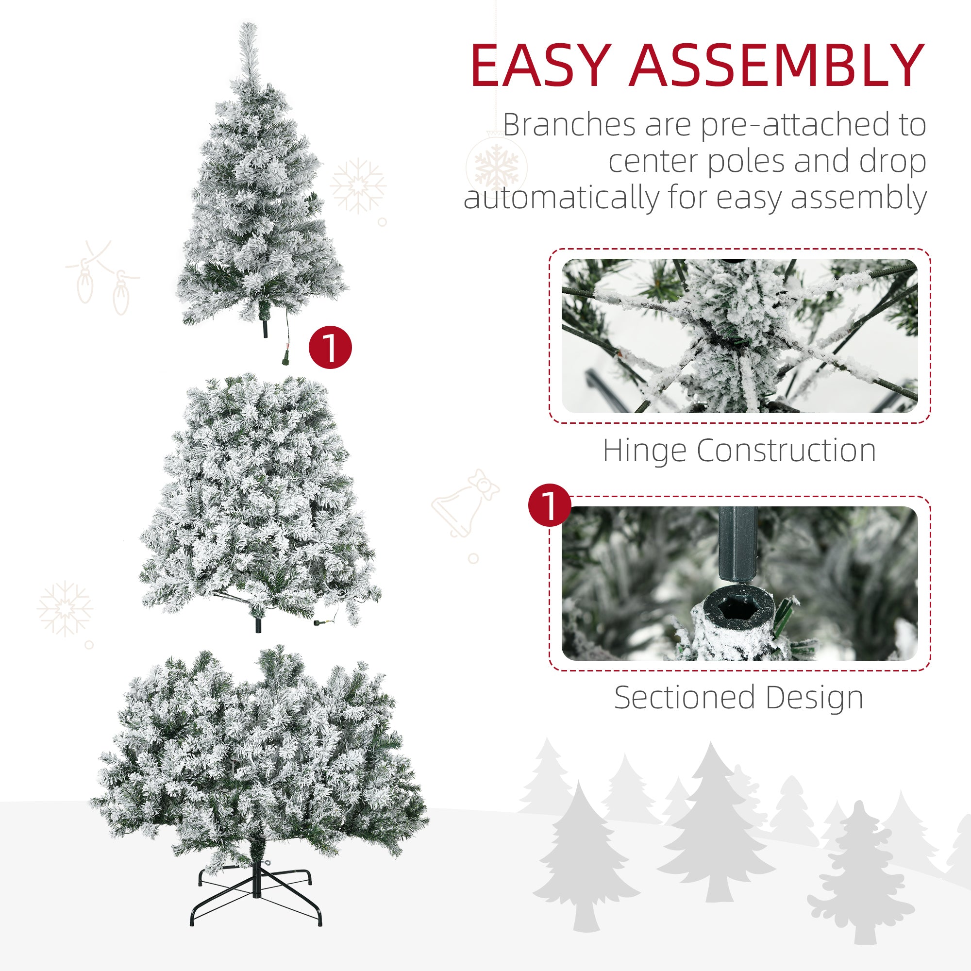 7.5ft Artificial Prelit Christmas Tree with Warm White LED Light, Snow Flocked Branches, Metal Base, Xmas Tree Pre Lit Christmas Trees   at Gallery Canada