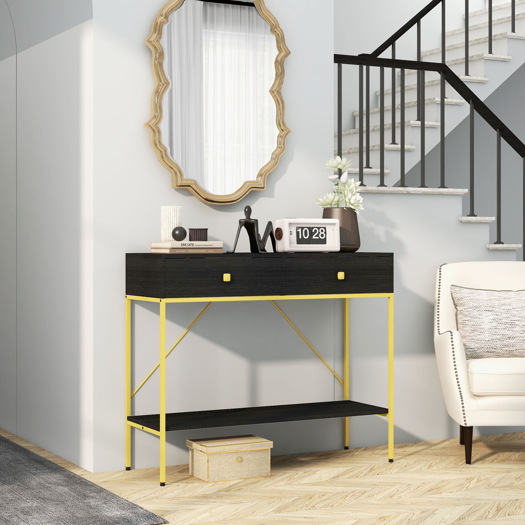 Hallway Console Table Entryway Table with 2 Drawers and Storage Shelf for Living Room Bedroom Behind Sofa Black Console Tables at Gallery Canada