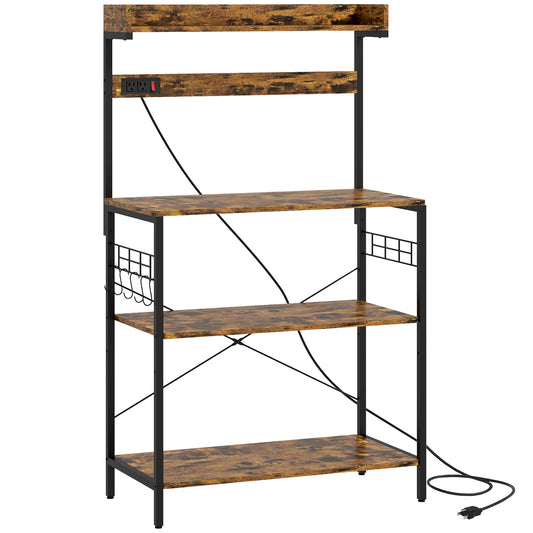 Kitchen Baker's Rack with Power Outlet, Coffee Bar Station with Adjustable Shelves and Hooks, Rustic Brown Bar Cabinets   at Gallery Canada