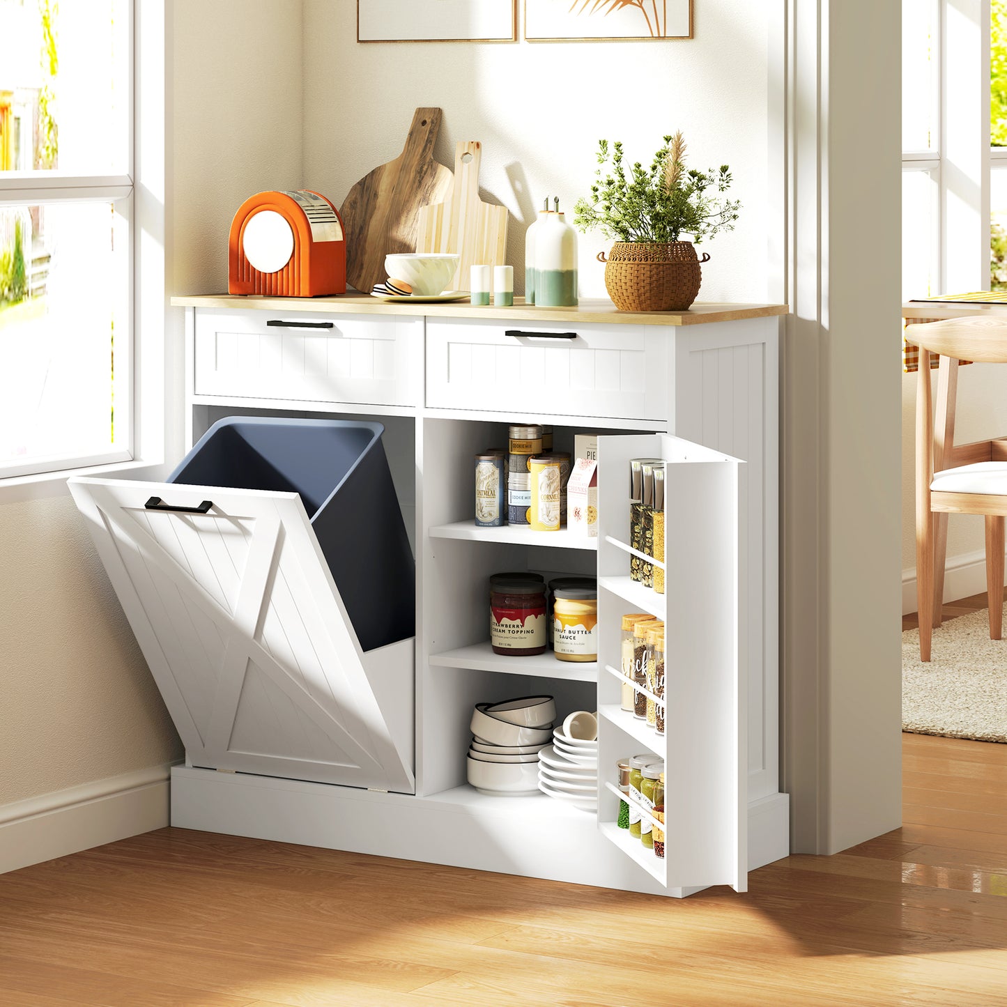 Hidden Garbage Bin Cabinet, Tilt Out Trash Cabinet w/ 2 Drawers, Freestanding Kitchen Island for Laundry, White Bar Cabinets Multi Colour  at Gallery Canada